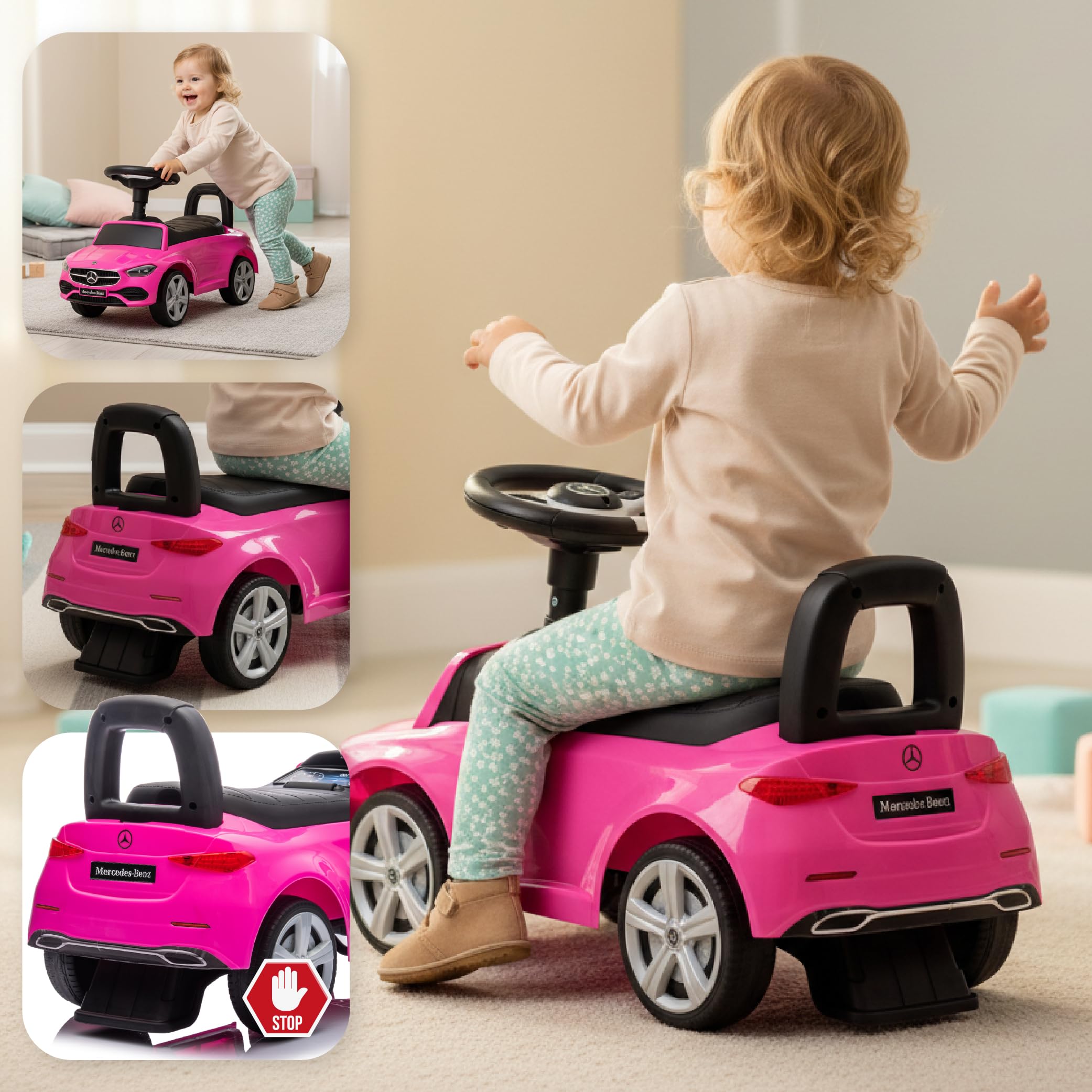 sun baby Rutschauto ab 1 Jahr Mercedes C-Class, Kinderfahrzeug für Jungen und Mädchen mit Audio-Lenkrad, Ablagefach, Kippschutz (Rosa)