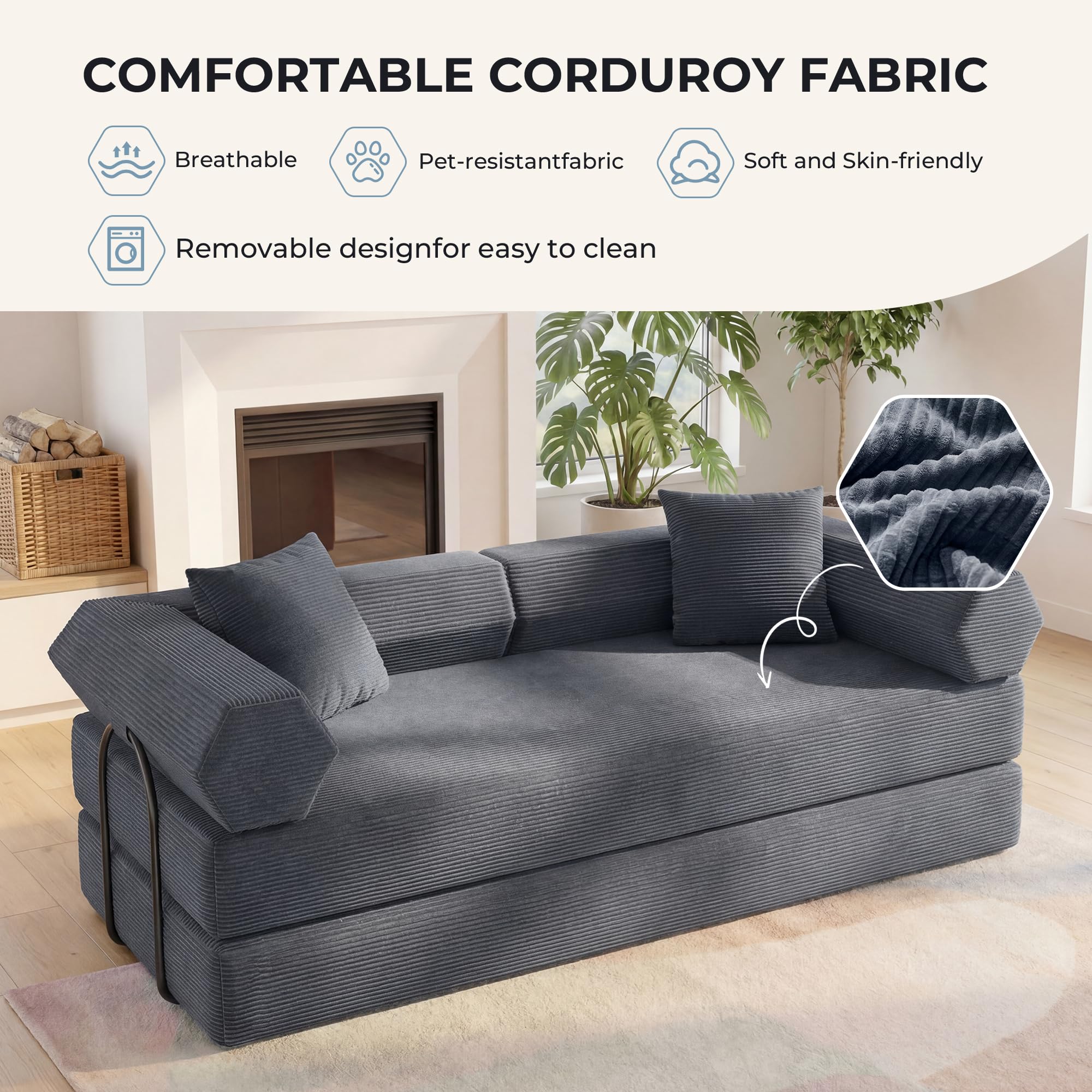 79" Boneless Couch, Convertible Futon Sofa Bed, Corduroy Sleeper Sofa | Mattress-Grade Pocket Spring Core, Floor Couch for Living Room, Bedroom, Apartment & Guest Room, Dark Gray
