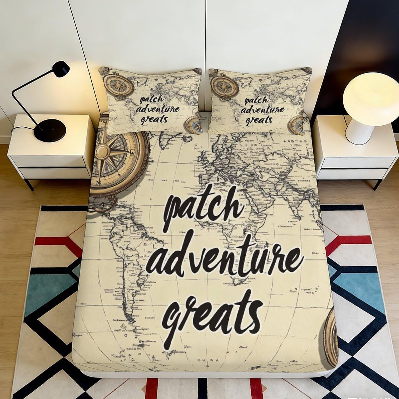 3D Printed Vintage World Map Fitted Sheet Microfiber Adventure Quotes Mattress Cover Bedroom Dorm Decor 90x200x25cm