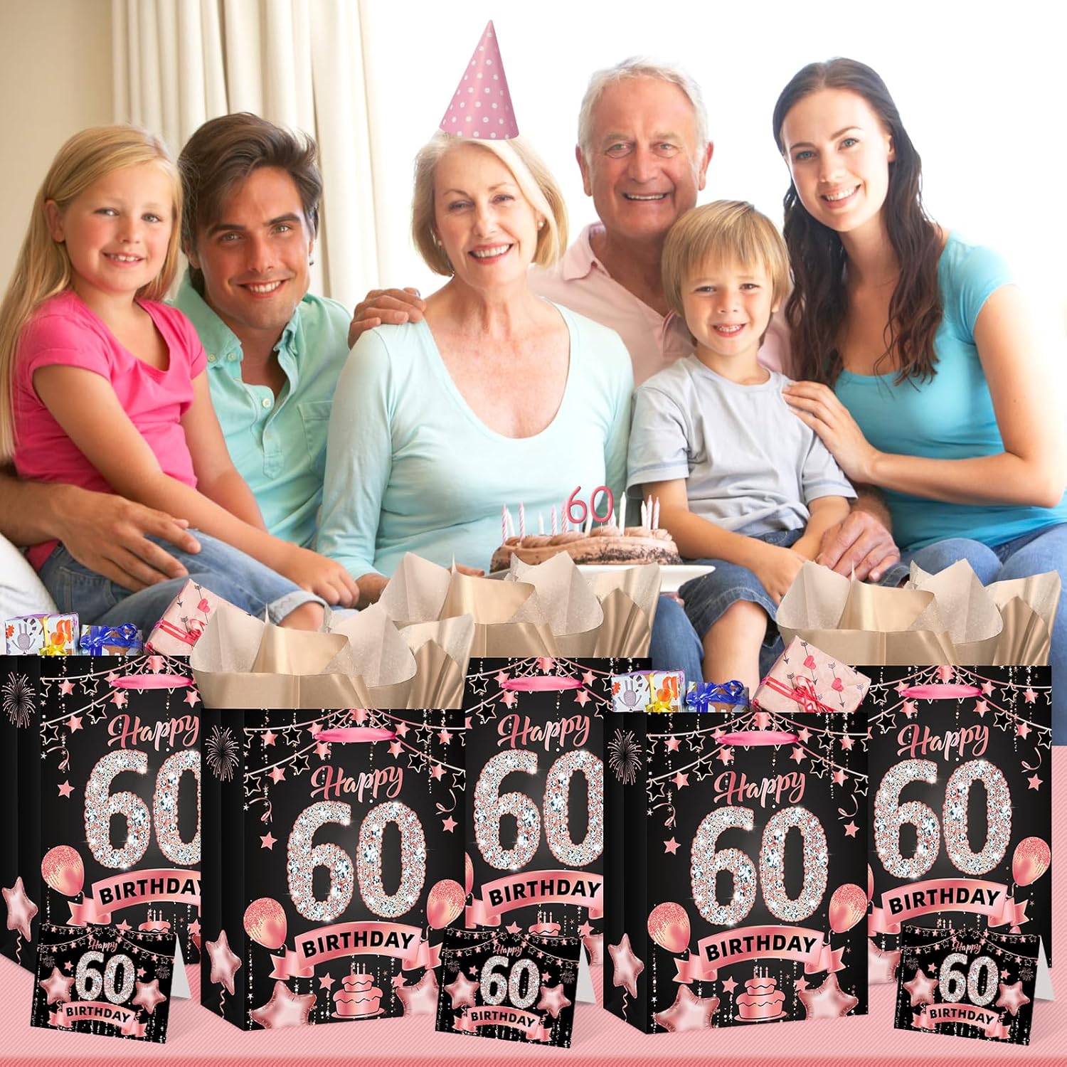 Rumia Rose Gold 60th Birthday Gift Bag with Happy 60th Birthday Greeting Card and Tissue Paper for Women Rose Gold 60 Years Old Gift Wrap Bag for Christmas 60 Bday Party Decorations Supplies - Image 5