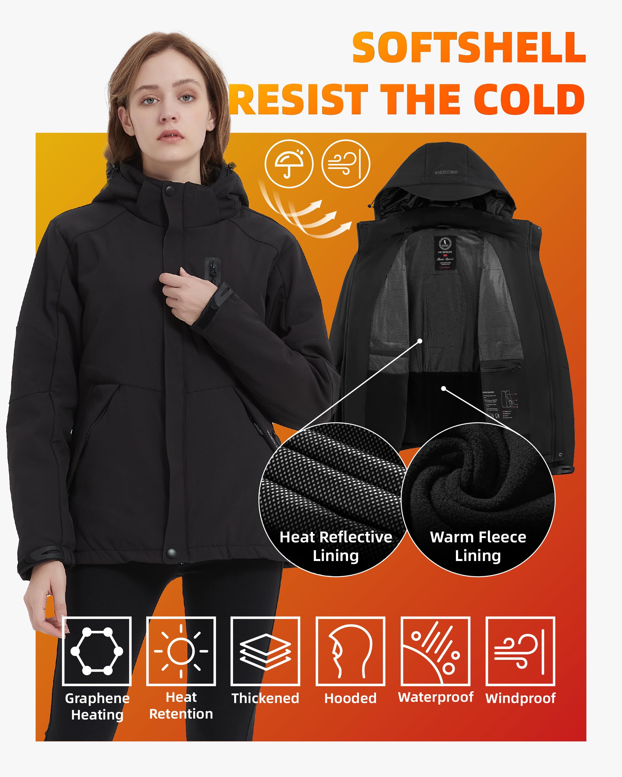 HEWINZE Chaqueta calefactable para hombre/mujer con capucha, softshell cálida chaqueta de invierno para hombre/mujer con batería de 7.4V, chaqueta de moto para exteriores