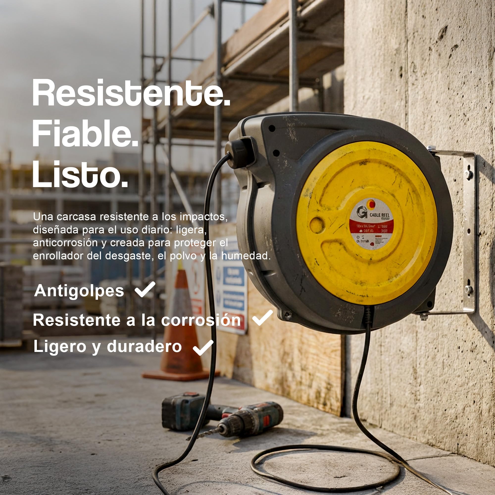 G Carrete de cable eléctrico automático 1,5 mm² × 15 m – Carrete retráctil inteligente con soporte giratorio para taller, garaje y jardín