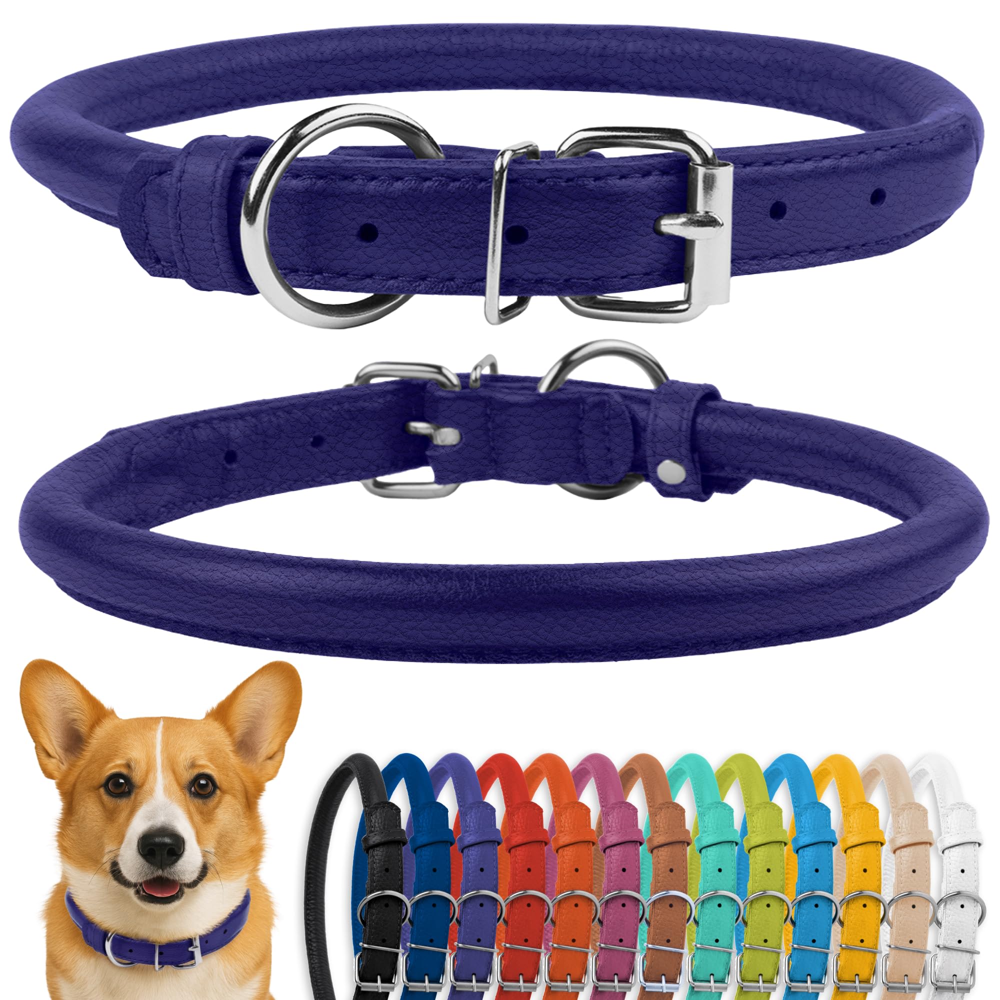 CollarDirect Rolled Leather Dog Collar, Soft Padded Round Puppy Collar, Handmade Genuine Leather Collar Dog Small Large Cat Collars 13 Colors (11-14