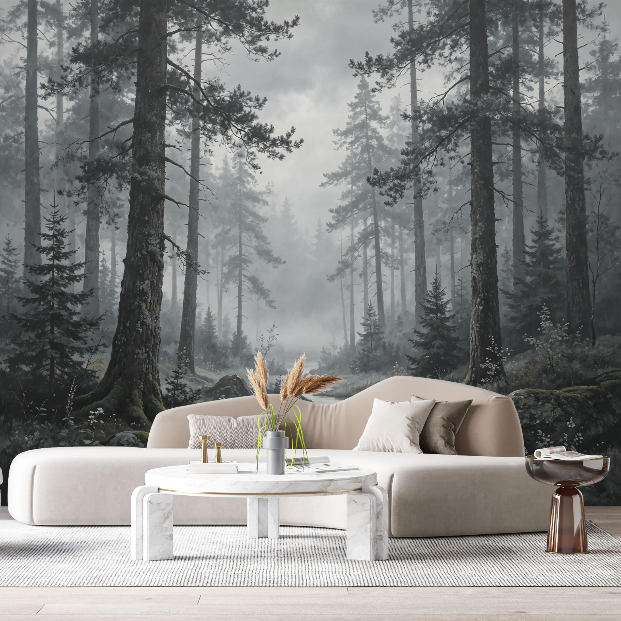 Custom Size Wall Murals Misty Forest Landscape River Stream Pine Trees Watercolor SelfAdhesive Wall Fabric Removable Large Wallpaper for Photo Living Room