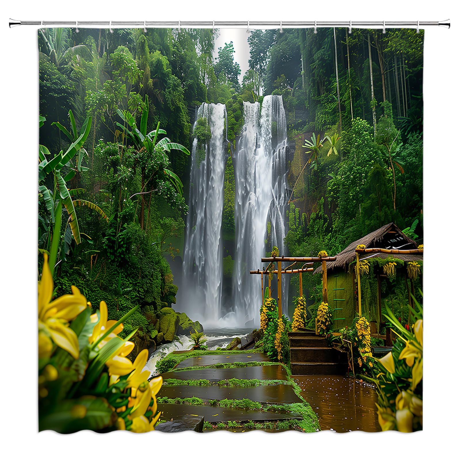 KTGHA Waterfall Jungle Shower Curtain Tropical Rainforest Green Plants Stone Mossy Summer Nature Scenery Polyester Fabric Bathroom Decor Set with