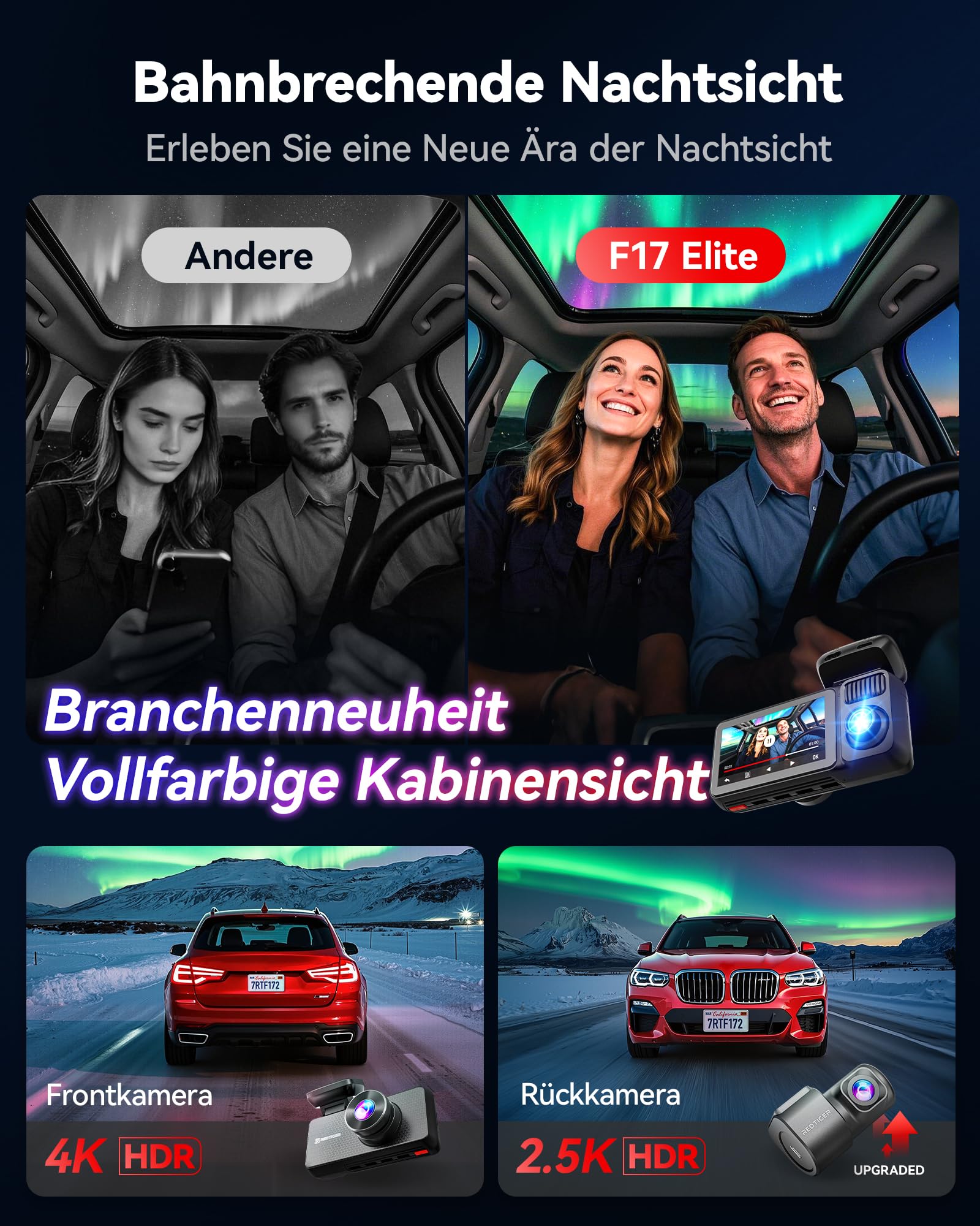 REDTIGER F17 Elite 4K 3 Kanal Dashcam Auto, STARVIS 2 IMX678 & IMX 675, 128GB Karte, Full Night Color, 4K+2.5K+1080P Vorne und Hinten Innen, Sprachsteuerung, 5GHz WiFi 6, GPS, HDR, Parkmodus