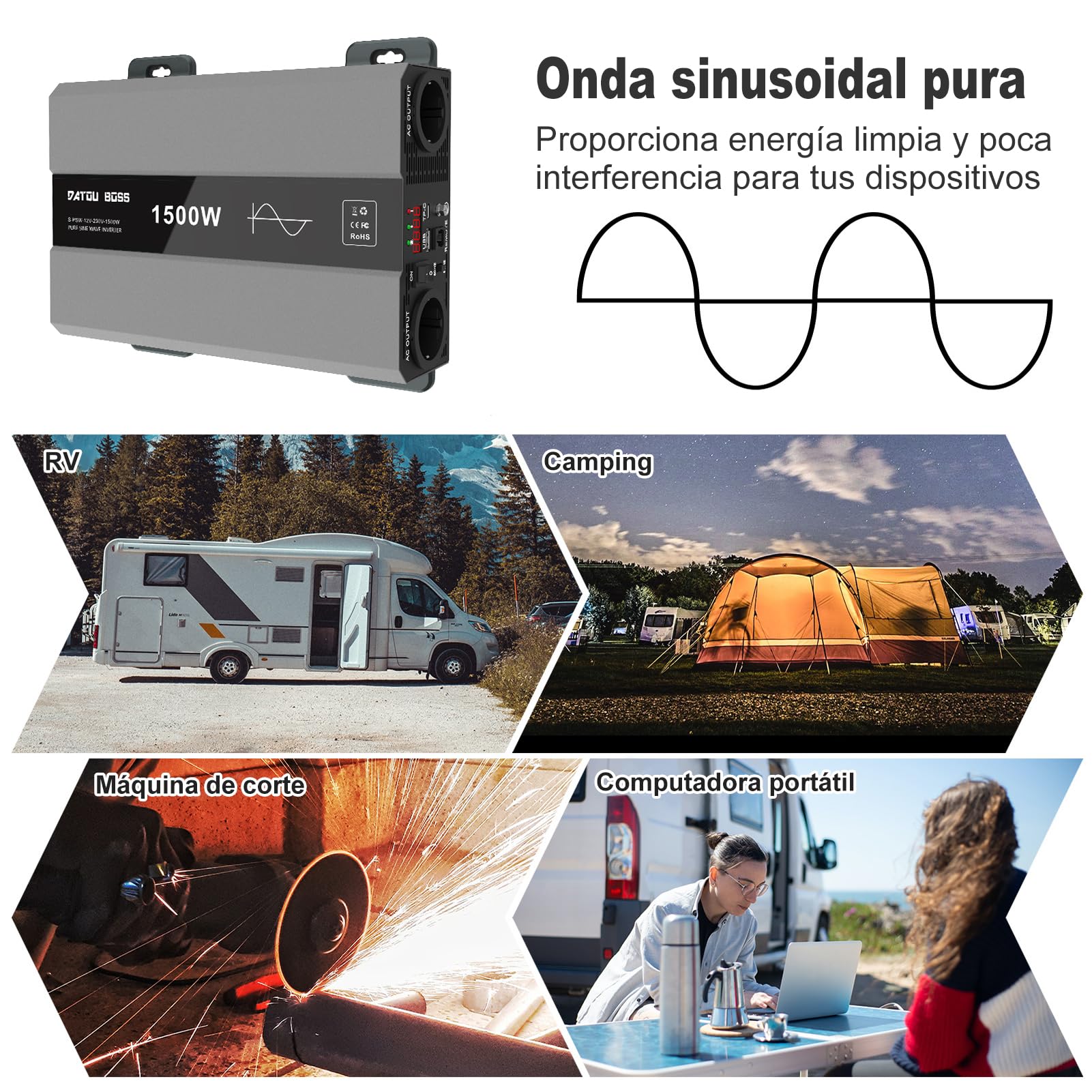 DATOUBOSS Inversor 12V 220V/230V Onda Pura 1500W/3000W, Inversor 12V a 220V Onda Pura con 2 Enchufes EU, Salida USB/USB-C y Pantalla LCD, Transformador de Autocaravanas, Camiones, Camping