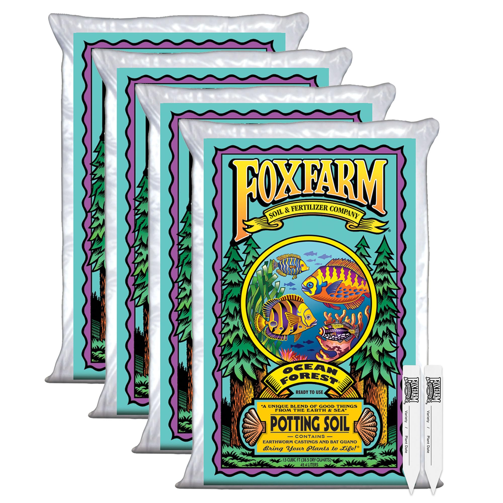 FoxFarm Ocean Forest Potting Soil with 2 Plant Tags, 1.5cu ft (4 Pack)