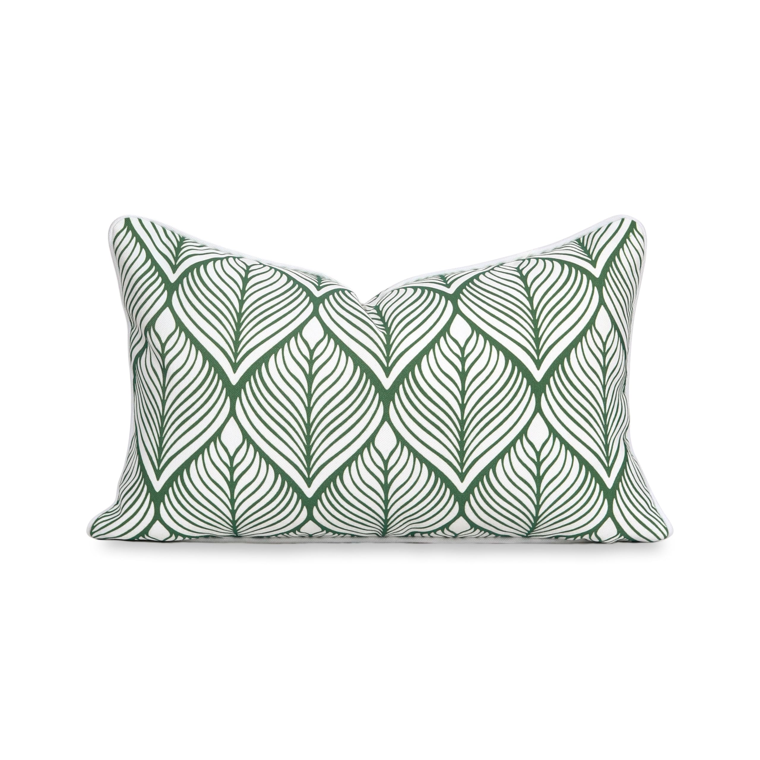 Hofdeco Premium Coastal Patio Indoor Outdoor Lumbar Pillow Cover Only, 12"x20" Water Repellent for Backyard, Couch, Green Print Geometric Leafs