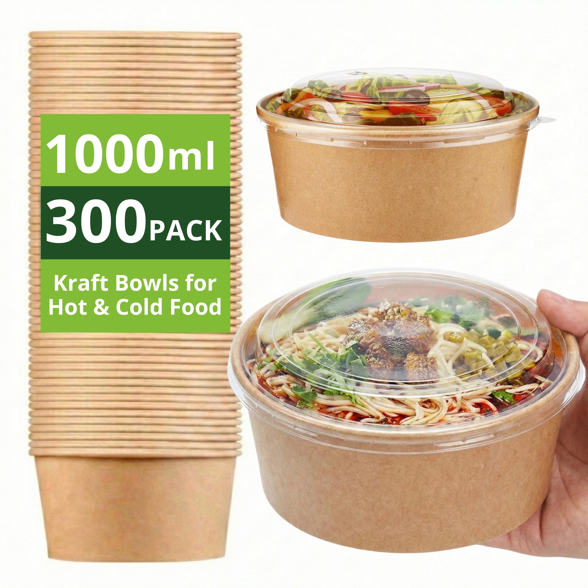Ask Packaging 300 x 1000ml Kraft Salad Paper Bowls with Lids – Takeaway Containers for Hot & Cold Food – Leak-Resistant Soup Bowls – Disposable Food Containers for Restaurants & Meal Prep