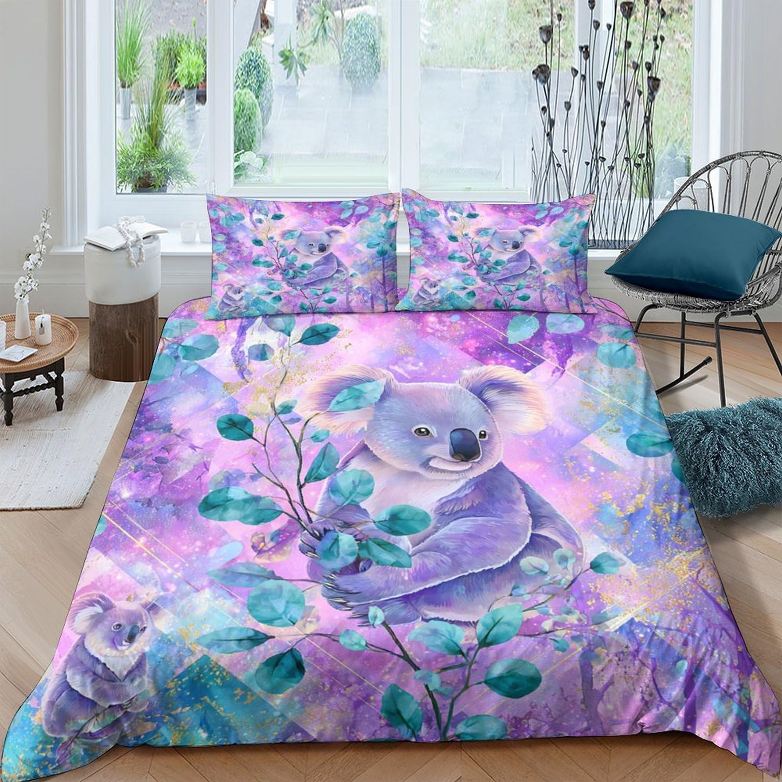 Ctjqhvkz Style-8 3D Printed Koala Art Fitted Sheet Microfiber Purple Blue Eucalyptus Bed Cover For Bedroom Guest Room Decor Protection Single（135X200cm）
