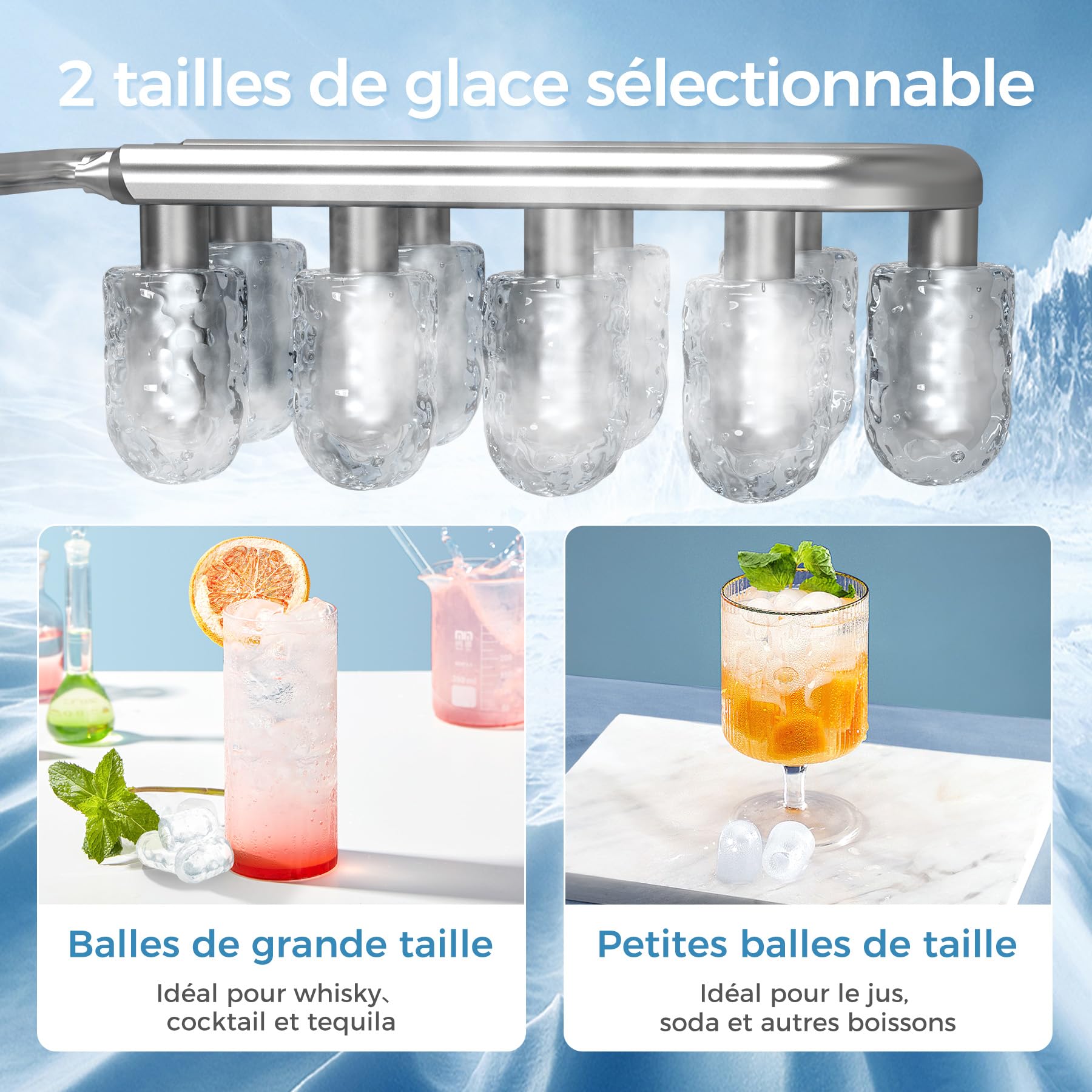QEXREED Machine à Glaçons, 12 kg/24 h, 9 Glaçons en 6 Minutes, Machine a Glacons Autonettoyante avec Cuillère à Glaçons et Panier, 2 Tailles de Glaçons pour la Cuisine à Domicile Bureau Bar Party