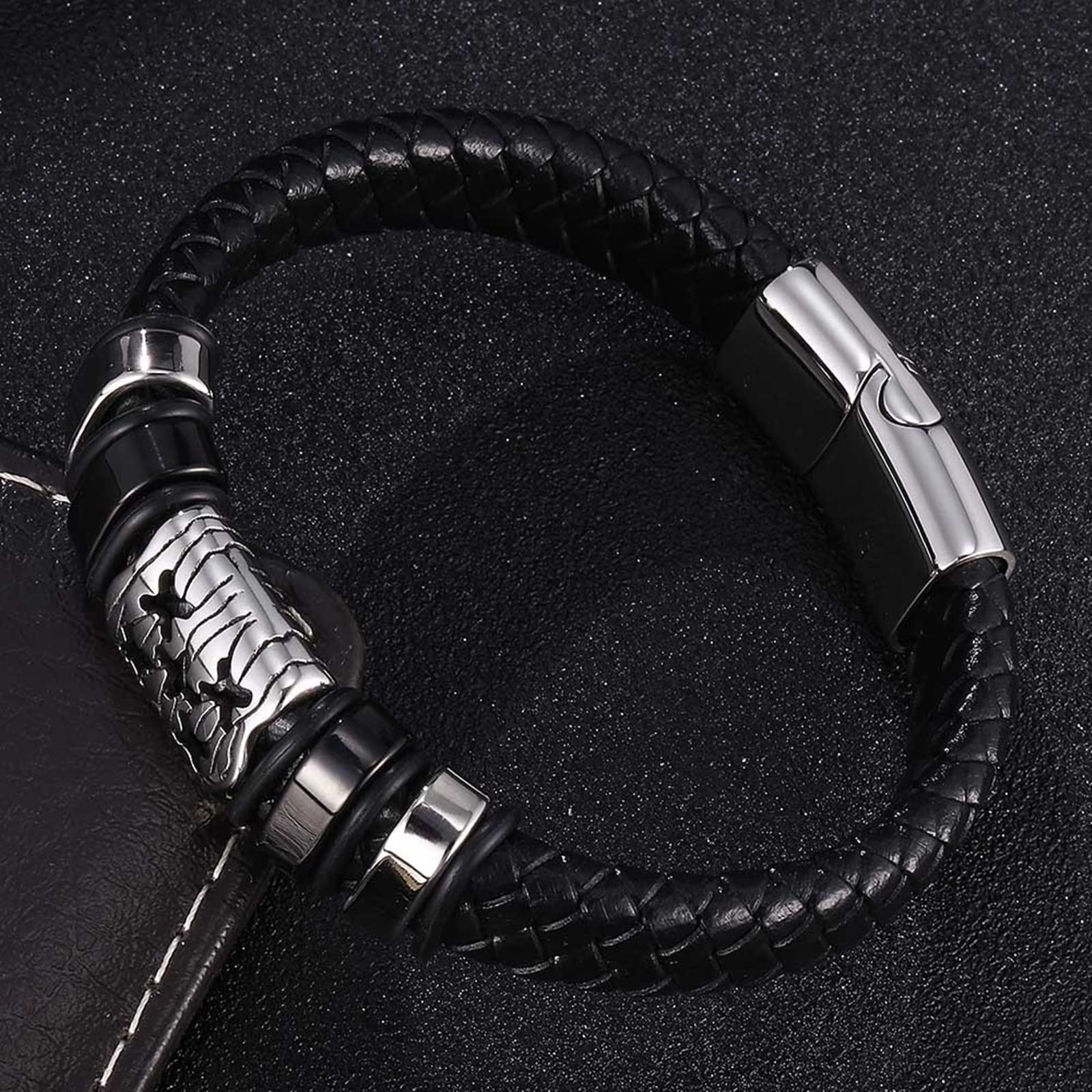 Kettenarmband Männer Edelstahl, Lederarmbänder für Männer schwarz geflochten