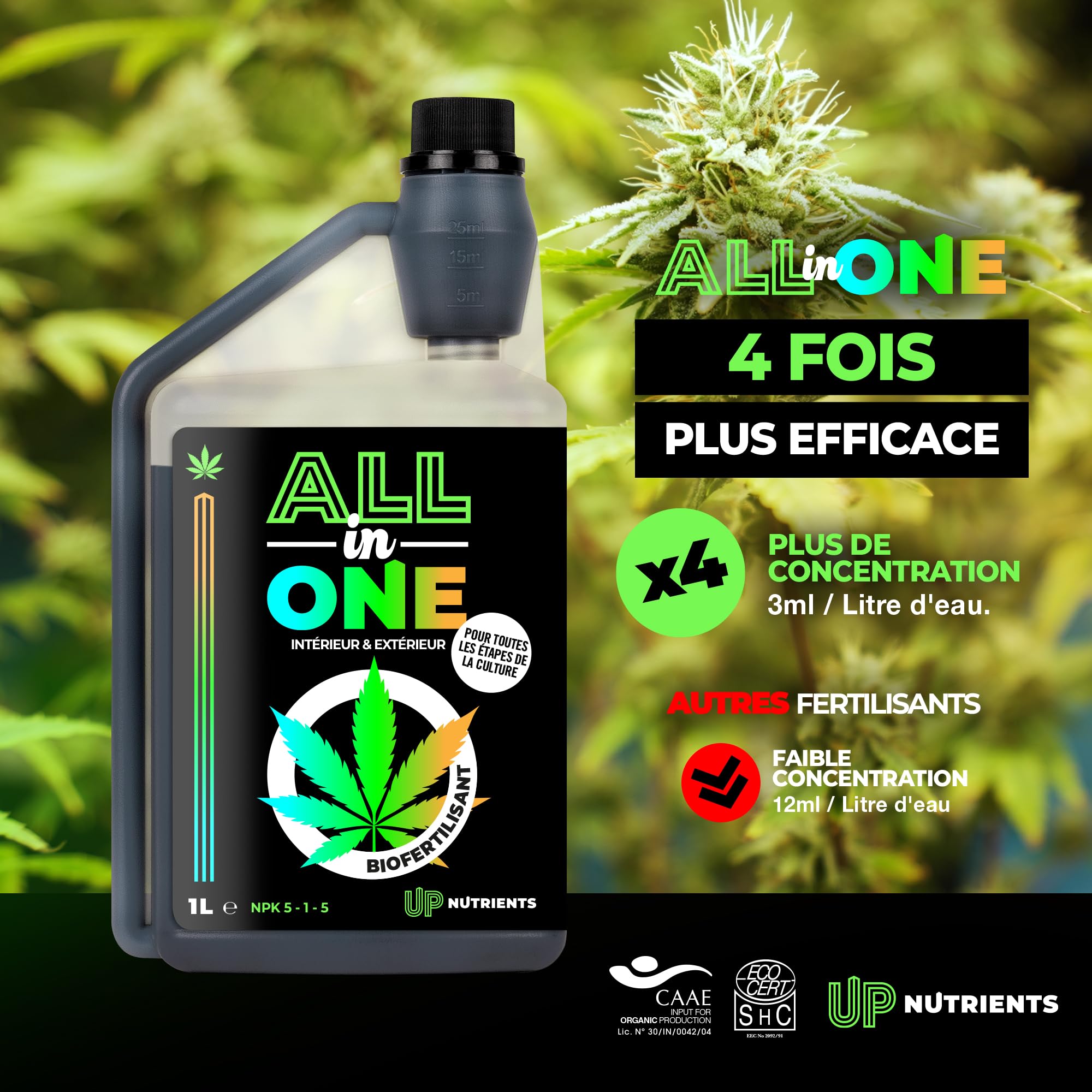UP NUTRIENTS Fertiliser de cannabis pour intérieur et extérieur, ensemble NPK 5-1-5, pour plantes de cannabis, phase de croissance et de floraison, phase biologique Grow & Bloom
