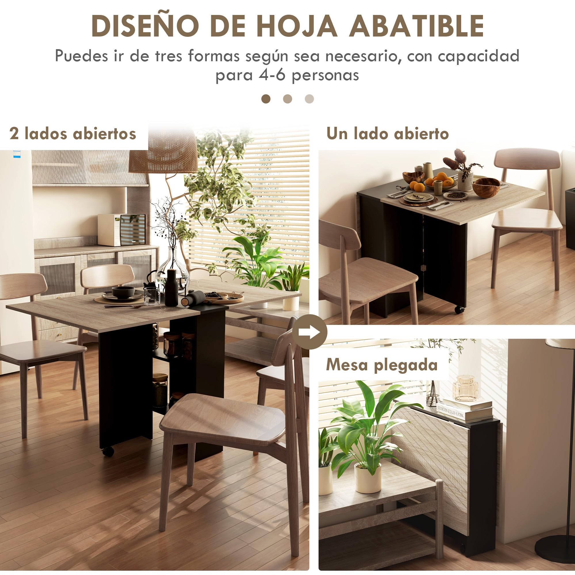 HOMCOM Folding Dining Table Folding Kitchen Table with Wheels Folding Wings and Shelves for 4-6 People 75 x 140 x 74 cm Natural and Black — view 4