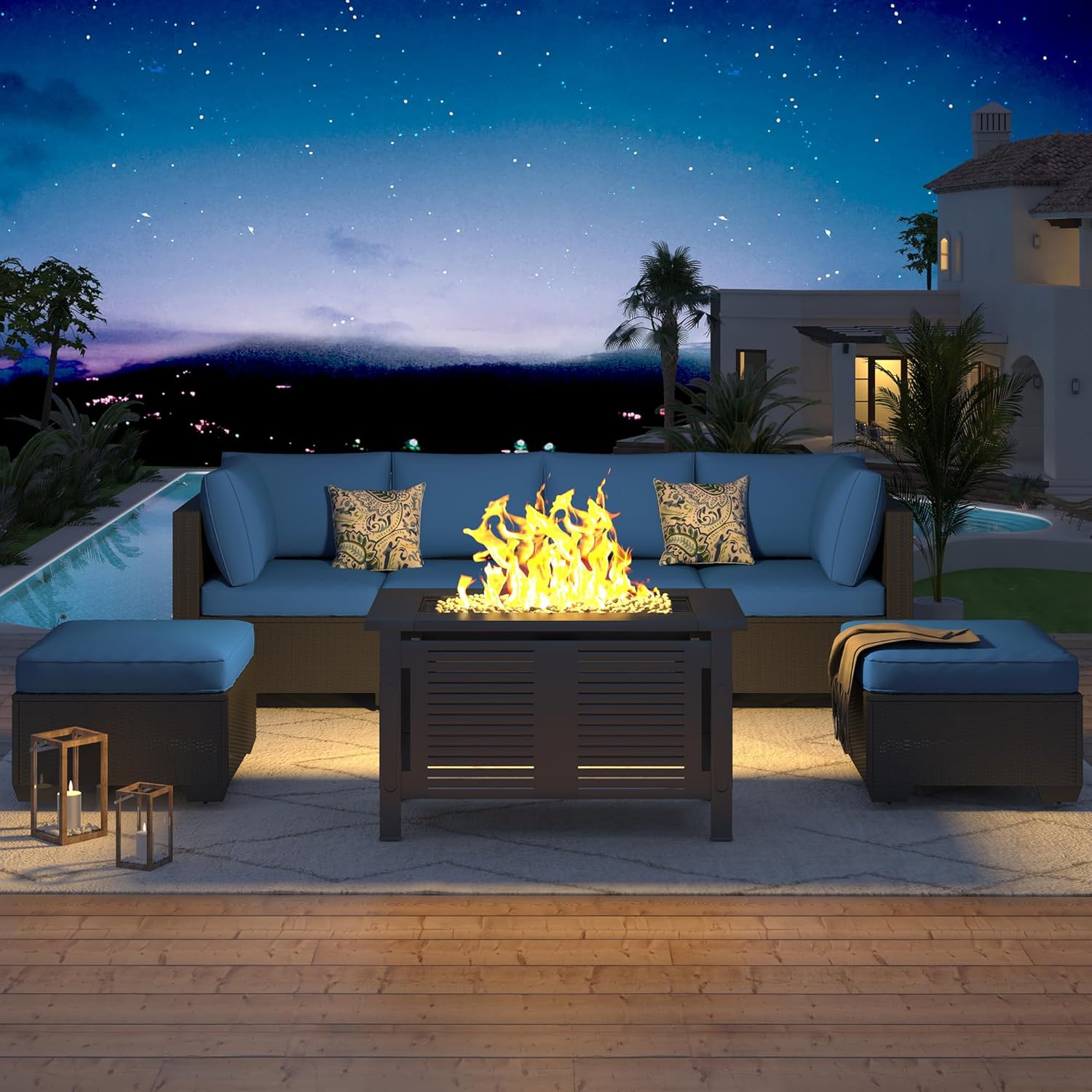 U-MAX 7 Piece Outdoor Patio Furniture Set with Extra 43 Inch Fire Pit Table, PE Rattan Wicker Sofa Set, Outdoor Sectional Furniture Chair Set with Tea Table, Black Rattan&Dark Blue Cushion