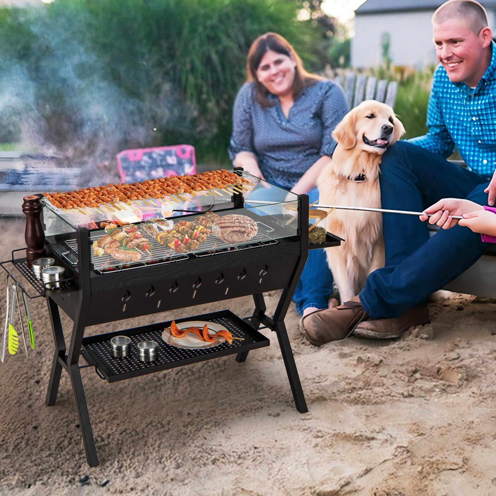 GOPLUS Grill na węgiel drzewny 3 w 1, wielofunkcyjny grill ogrodowy ze stali nierdzewnej z dużą powierzchnią grillowania, ochroną przed wiatrem i półkami, stojący grill BBQ na piknik, imprezę, kemping