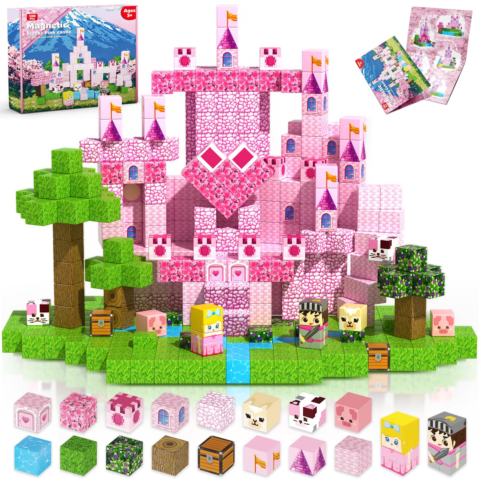 Magnetic Blocks - 100PCS Magnetic Building Block for Kids, Pink Princess Castle Magnet Cubes Sets, Princess Toys for Girls...