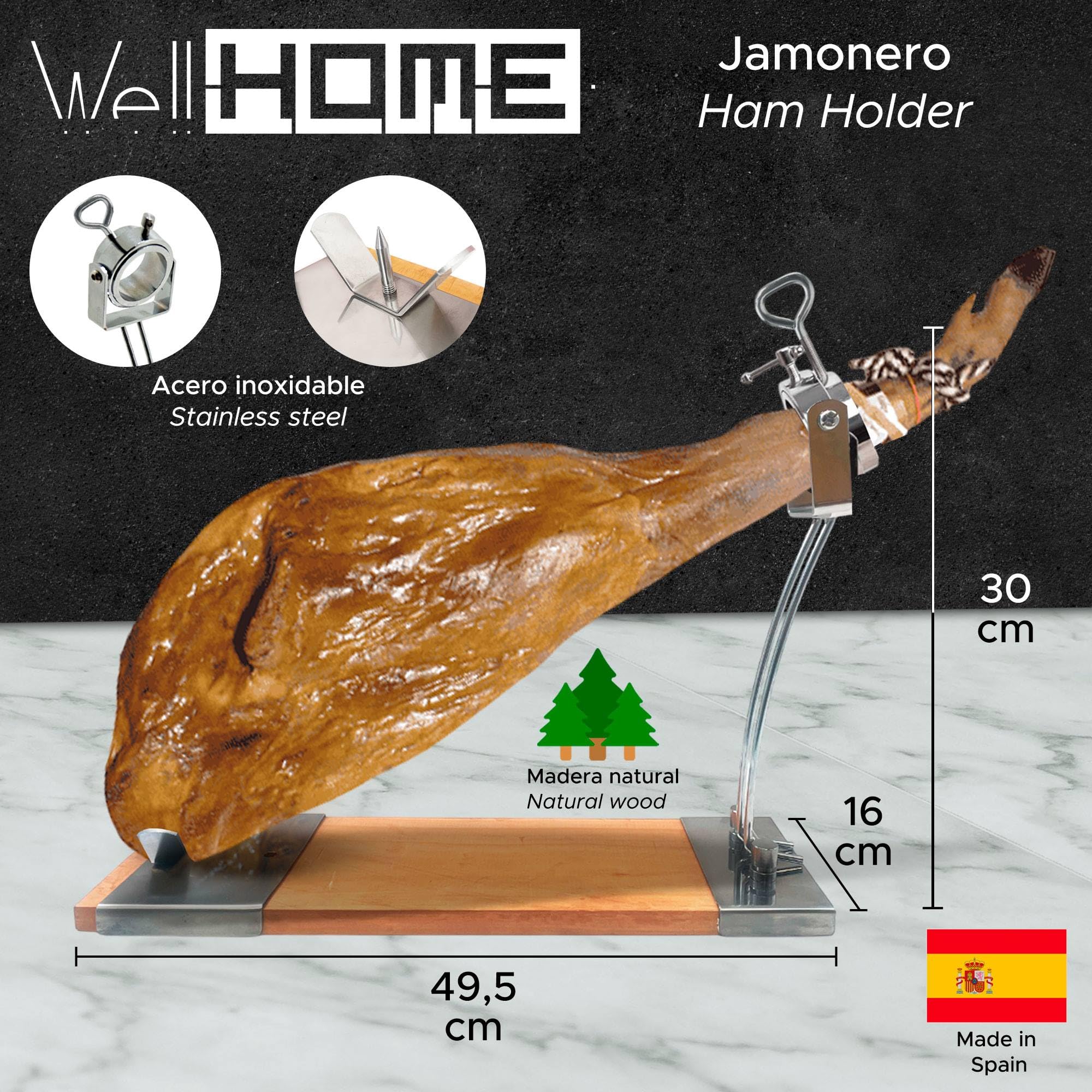 Well Home Jamonero IBERIA Luxe con cabezal giratorio, base de madera y acabados en acero inoxidable