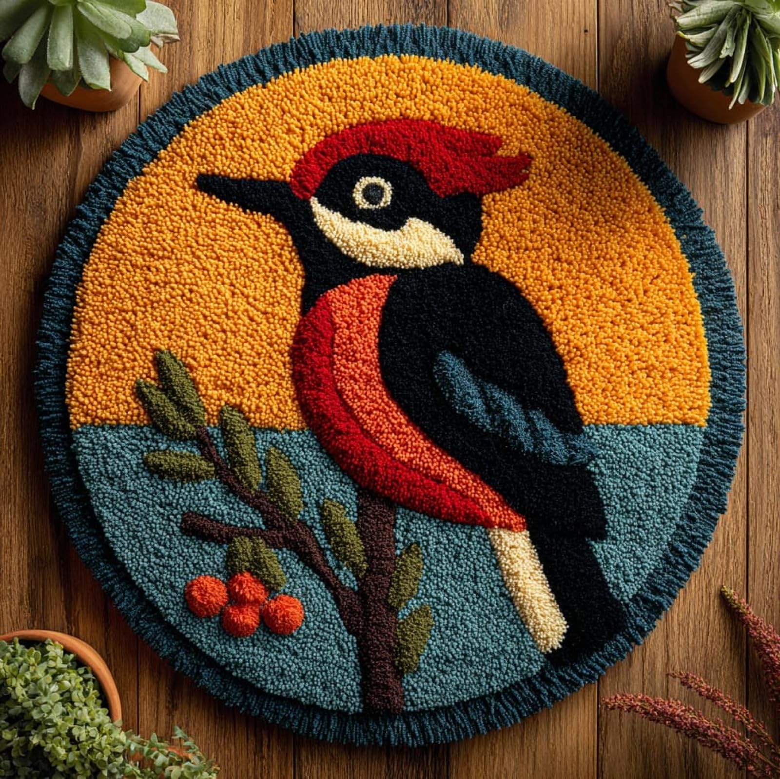 WallustrioaW Latch Hook Rug Kits for Adults Kids,Woodpeckers,Latch Hook Cushion Kits,DIY Yarn Cushion Crochet for Home Decoration,50x50cm