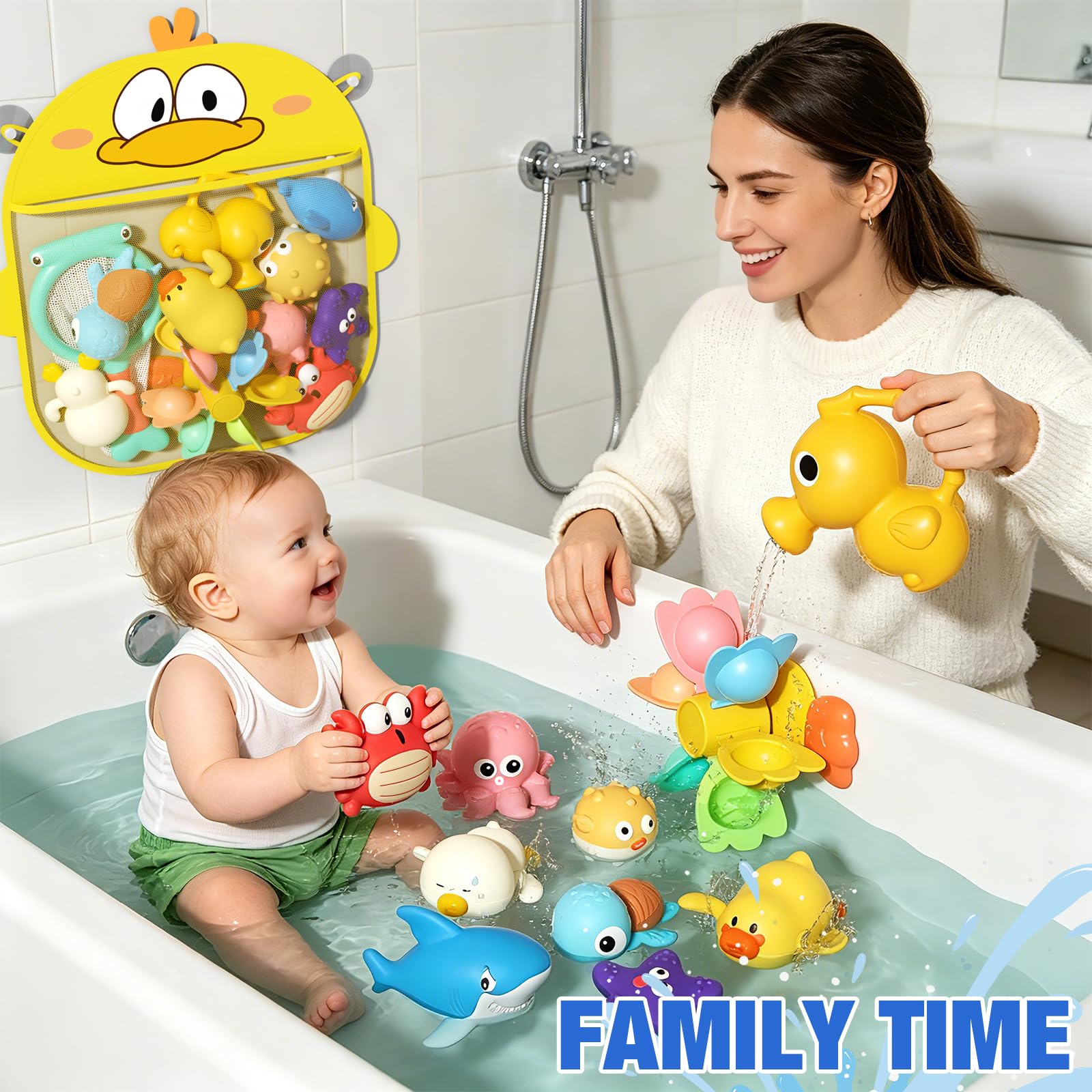 Juguetes de Baño Bebé Set 12 Piezas con Animales Marinos y Red – Juguetes Bañera sin Agujero Bebé Bath Toys de Baño Flotante,Juguete Bañera Infantil para Baño y Piscina