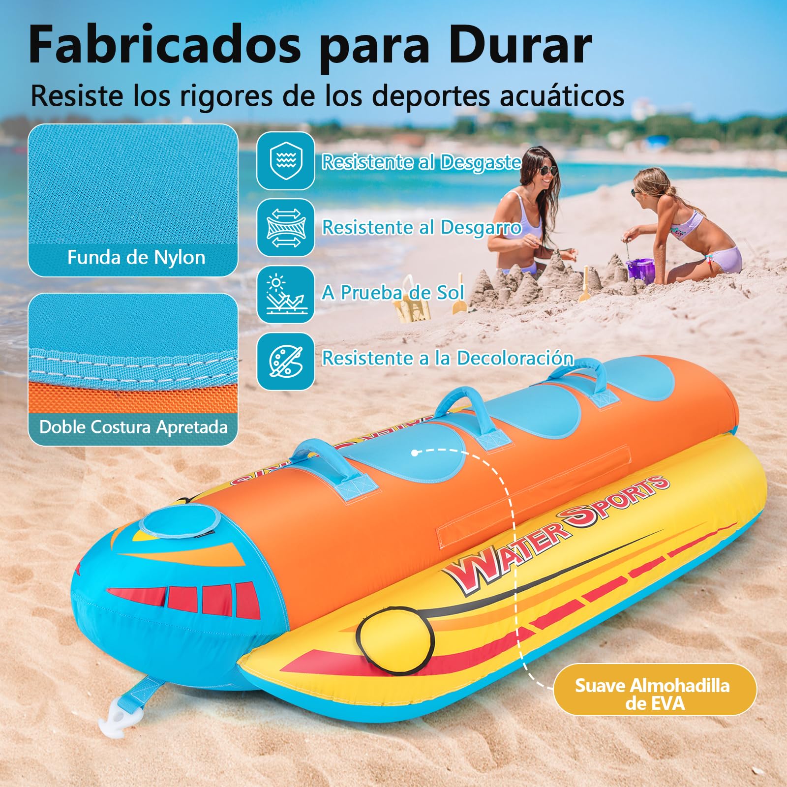 GOPLUS Tubo Remolcable, Bote Banana Inflable para 1-3 Pasajeros con Cubierta de Nailon, Almohadillas de EVA, Kit de Reparación y Conector, Deportes Acuáticos Playa, Carga 231 Kg