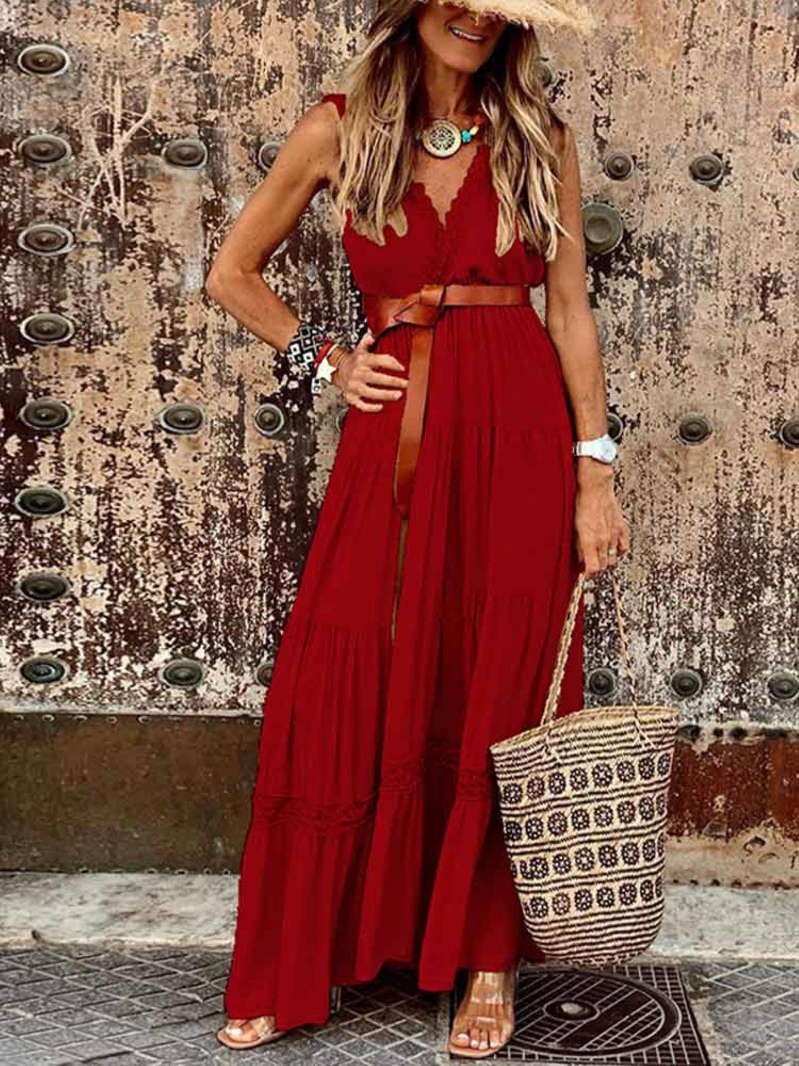 KOJOOIN Zomerjurk voor dames, kant, korte mouwen, maxi-jurk, boho