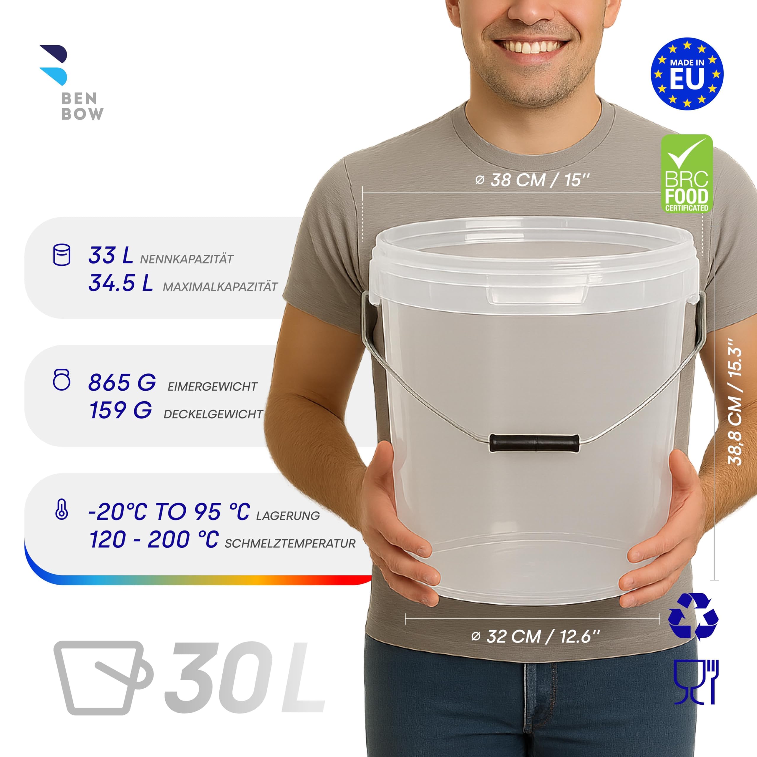 BenBow Eimer mit Deckel 30L Transparent - 180 Stück - Palette - lebensmittelecht, stabil, luftdicht, auslaufsicher, geruchsneutral - Vorratsbehälter aus Kunststoff - leer