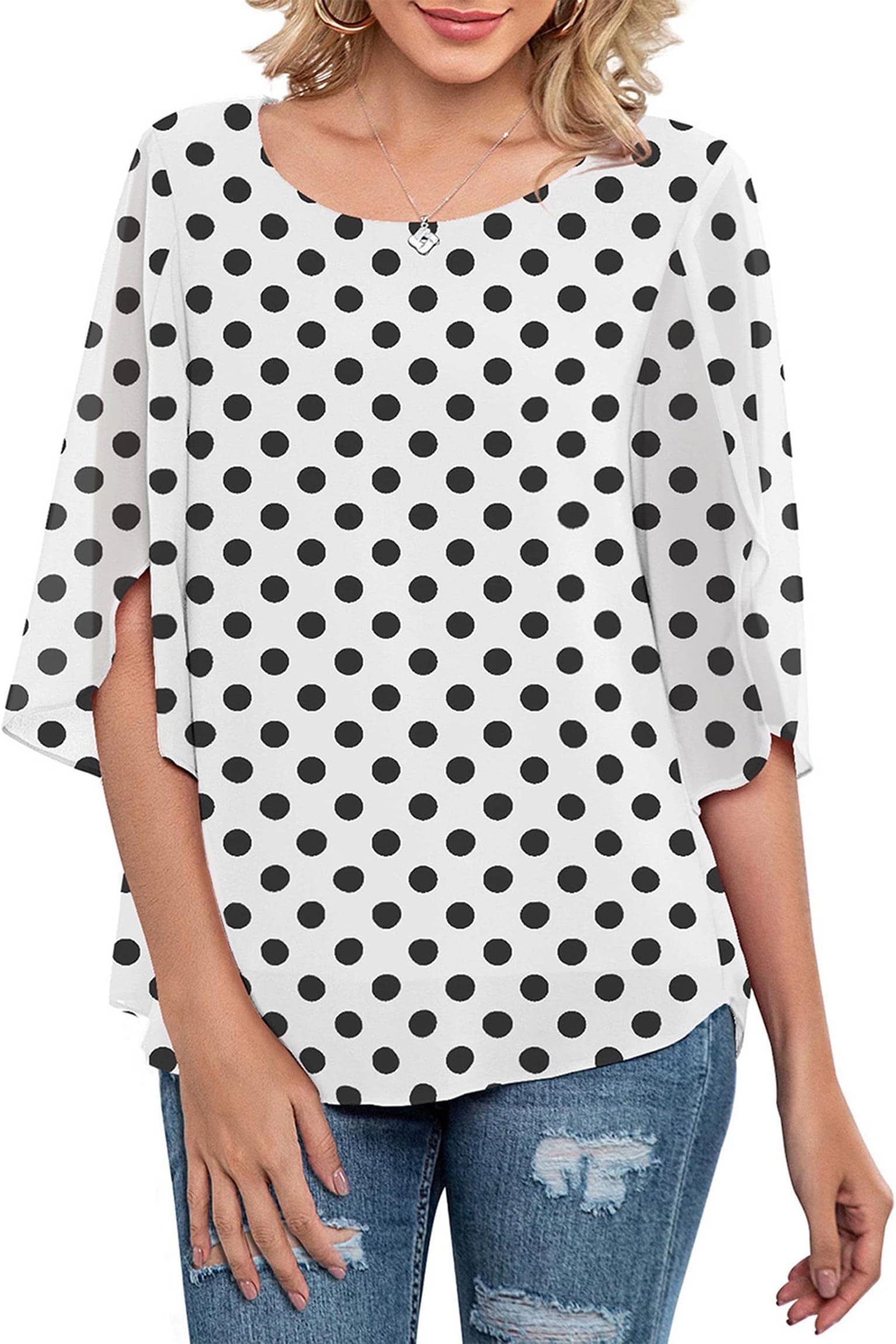 Womens Casual Scoop Neck Loose Top 3/4 Sleeve Chiffon Blouse Shirt Tops