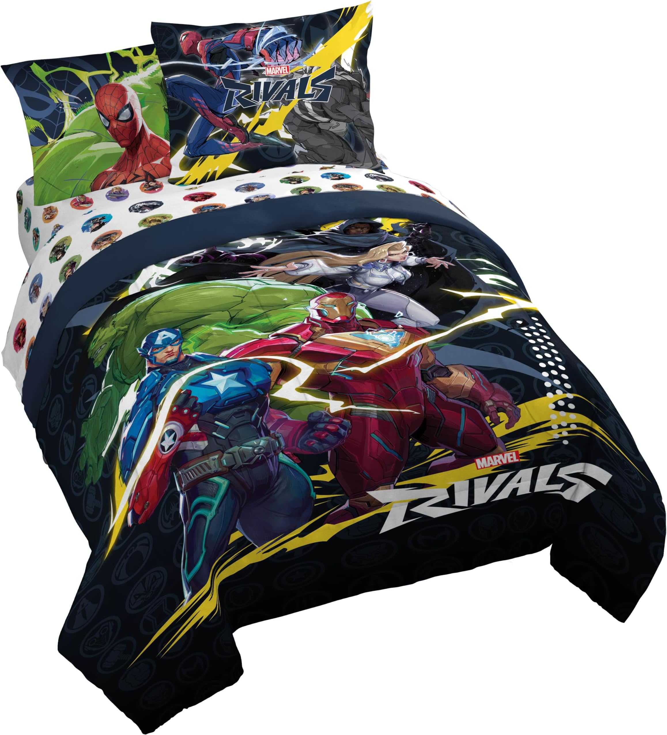 Kids Comforter Set Includes Sheets and Pillow Covers - Soft and Cozy Bed Set for Stylish Room Decor, Official Licensed Bedding, Multi - Marvel Rivals, 7 Piece Queen