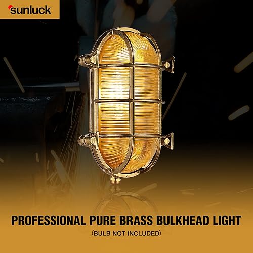 Miniatura 6 de Sunluck Luz de mamparo de latón puro, lámpara de pared náutica ovalada de rejilla, pantalla de latón, luz de montaje en techo, luz de sauna de latón