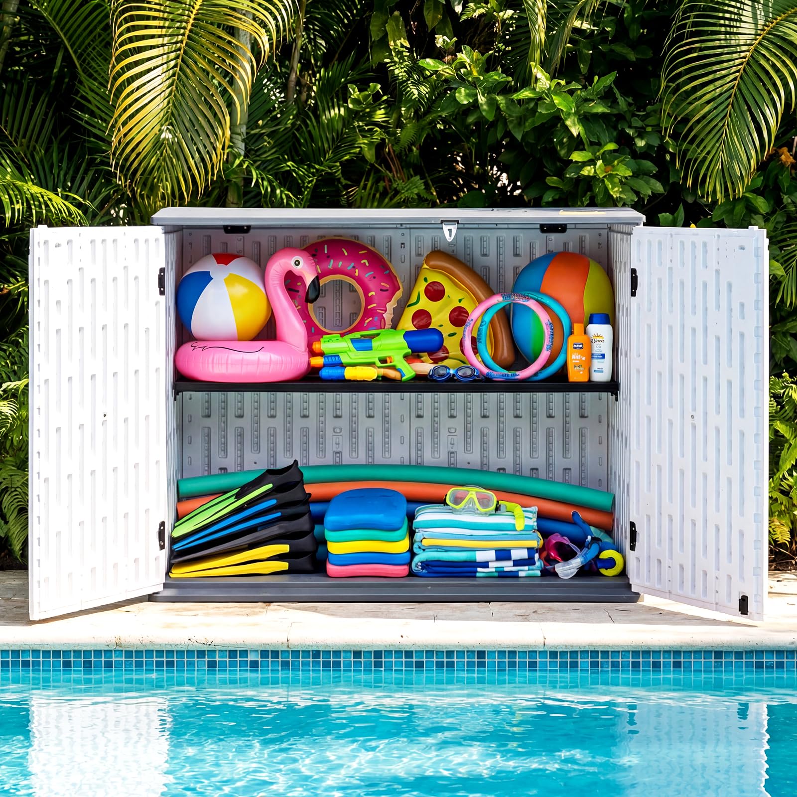 COSTWAY Gartenschrank wetterfest, Geräteschrank mit verstellbarem Regal, abschließbarem Deckel & Türen, Terrassenschrank aus HDPE, Outdoor Aufbewahrungsschrank, 118 x 63 x 94 cm