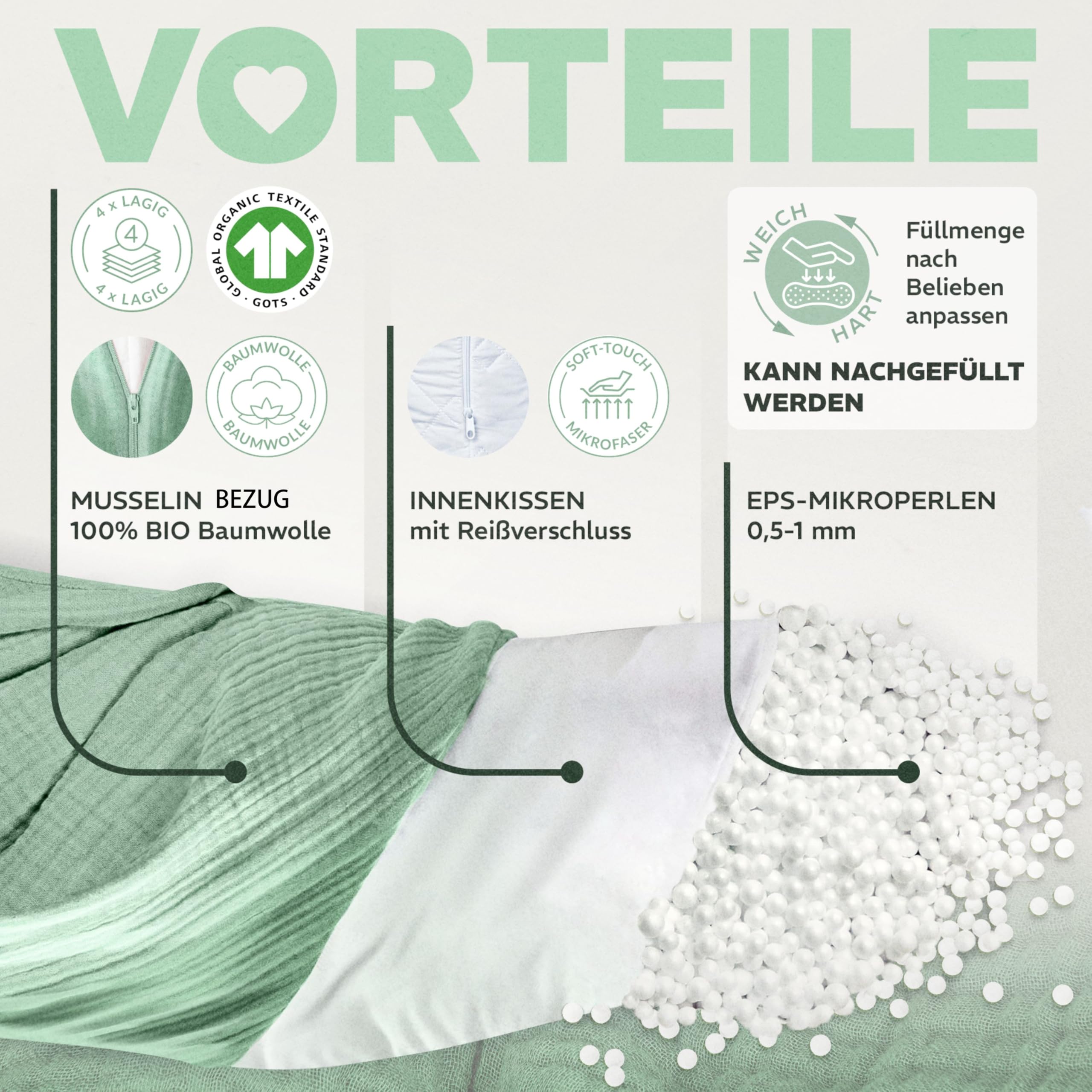 sei Design Stillkissen XXL Set Mikroperlen-Füllung Musselin-Bezug + noch 1 X Stillkissenbezug aus Bio Baumwolle, ergonomisches Schwangerschaftskissen Seitenschläferkissen Babynestchen