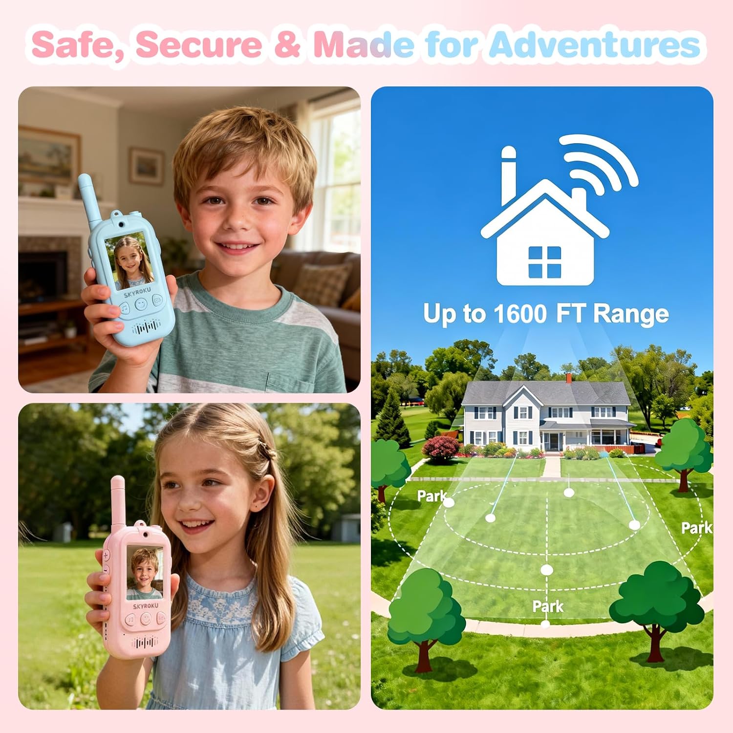 SKYROKU Video Walkie Talkies for Kids with AI Voice Changer & Magic Virtual Costumes, 1600ft Long Range Real-Time Video Chat, USB-C, Outdoor Camping Toy Gift for Boys Girls Age 4-10 (2 Pack)