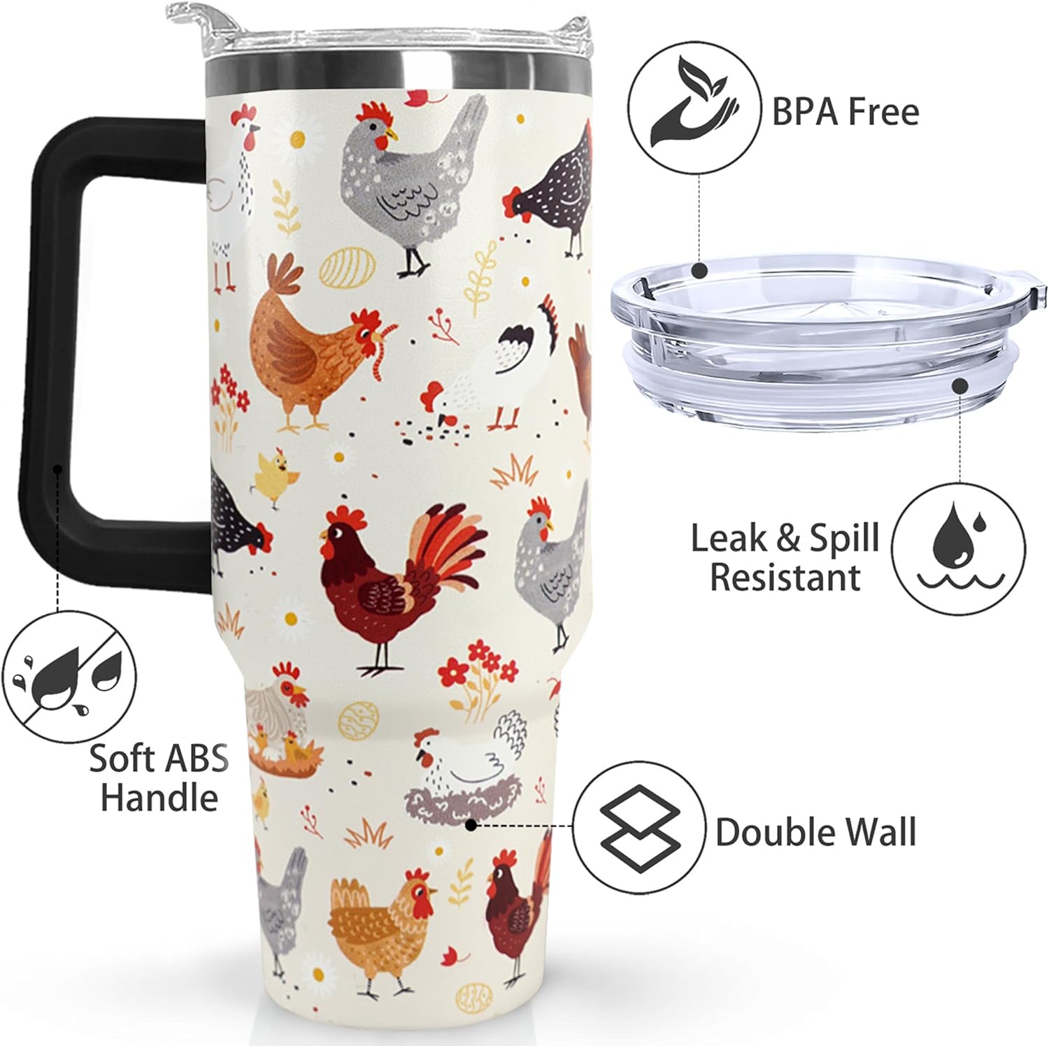 Ceovfoi 40 oz tumbler with handle,40 oz Chicken Tumbler with lid and Straw,Chicken Stainless Steel Cup Coffee Travel Mug,Chicken Gifts for Chicken Lovers,Rooster Stuff Decor Accessories - Image 5
