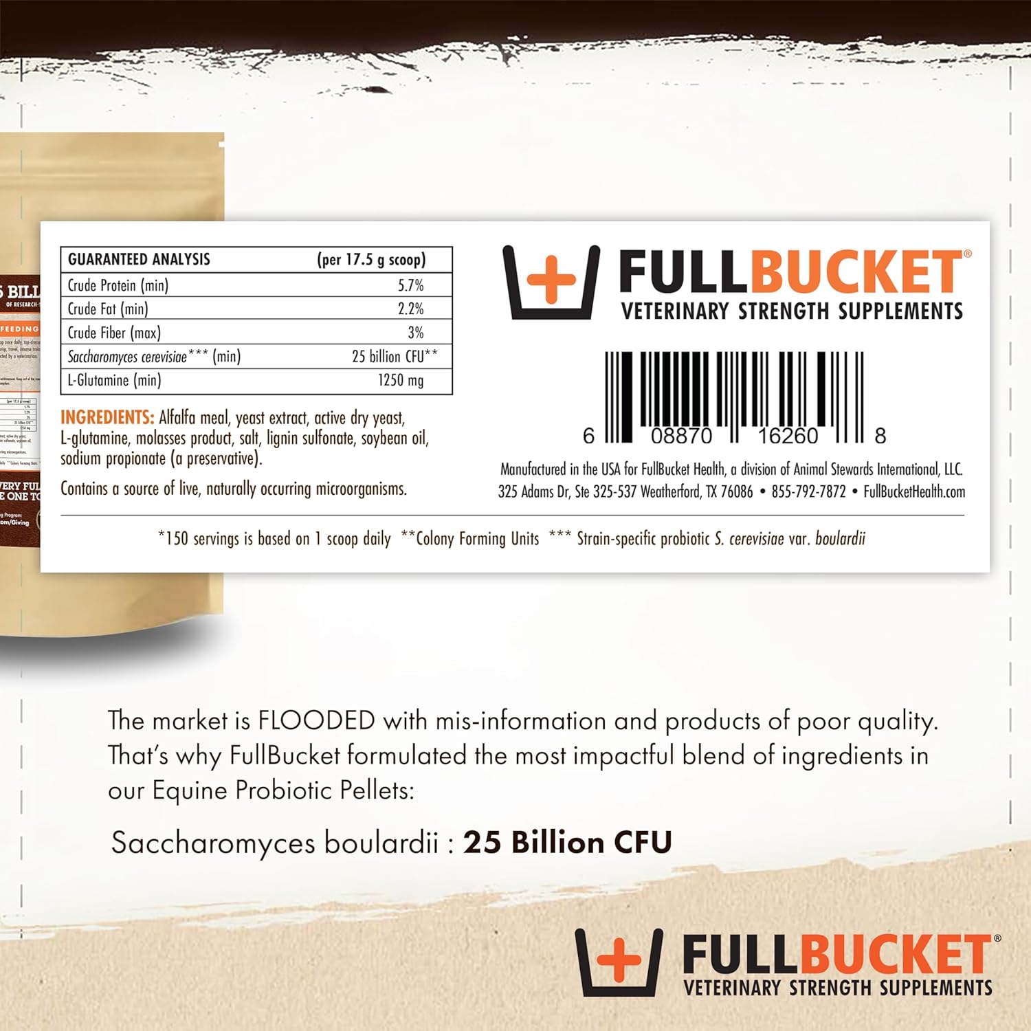 FullBucket Equine Probiotic Pellets with Saccharomyces boulardii for Horses Under Stress or for Horses with Digestive Issues - 25 Billion CFUs - 150 Servings