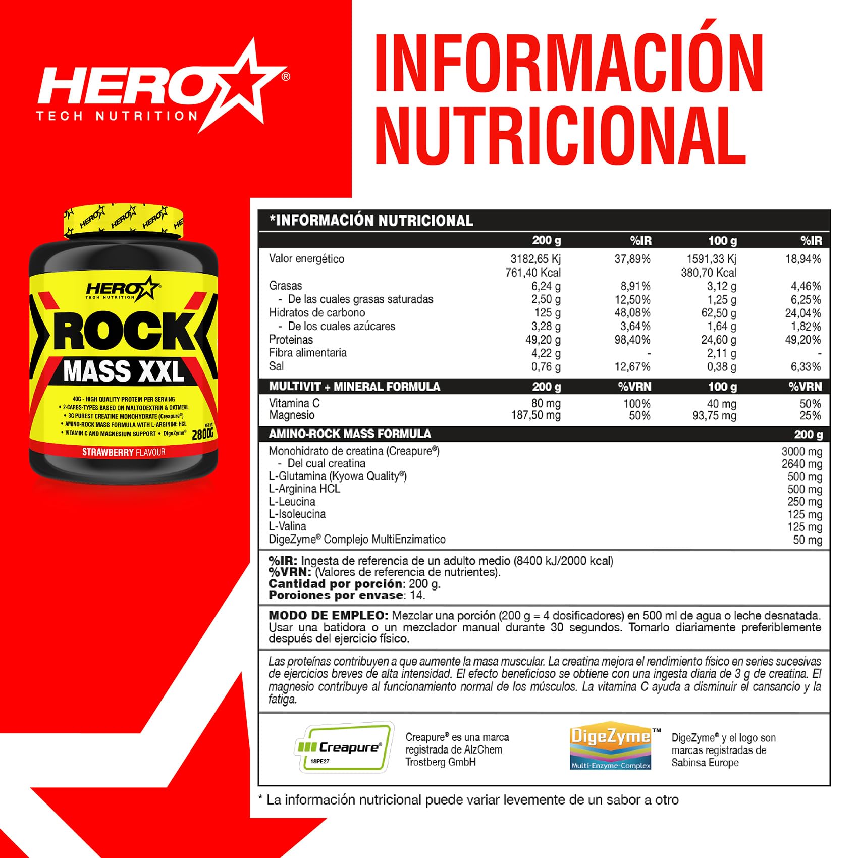 HERO TECH | ROCK MASS XXL 2800 Gr | Suplemento con Hidratos de Carbono y Proteína para Ganar Masa Muscular | Con Creatina, BCAA, Glutamina, Arginina, Vitamina C | Sin OGM (2.800 gr, Chocolate)