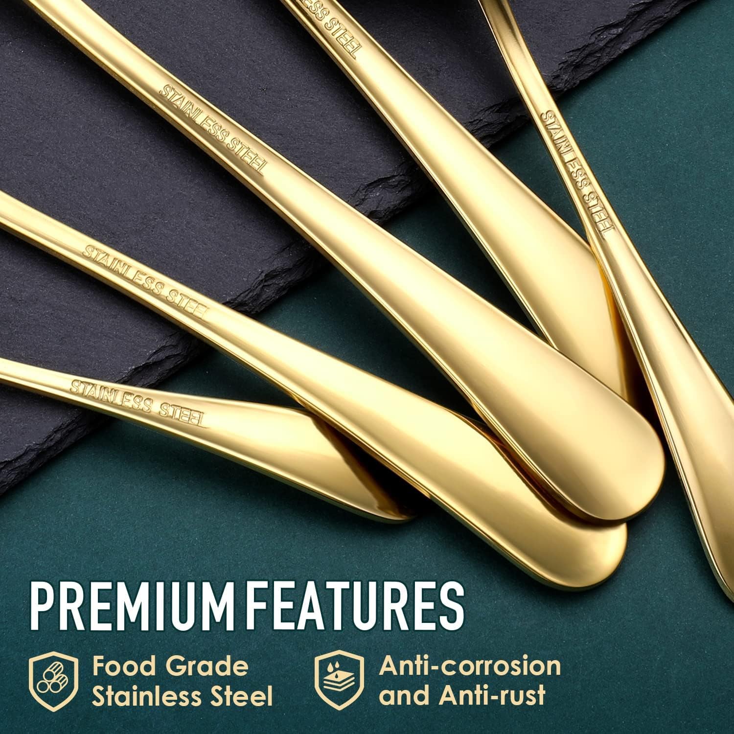 OGORI Juego de cubiertos dorados de 8 piezas, cubiertos de acero inoxidable, incluye cuchara de servir, cuchara de sopa, servidor de pasteles, tenedor, tenedor de ensalada, cuchillo de mantequilla