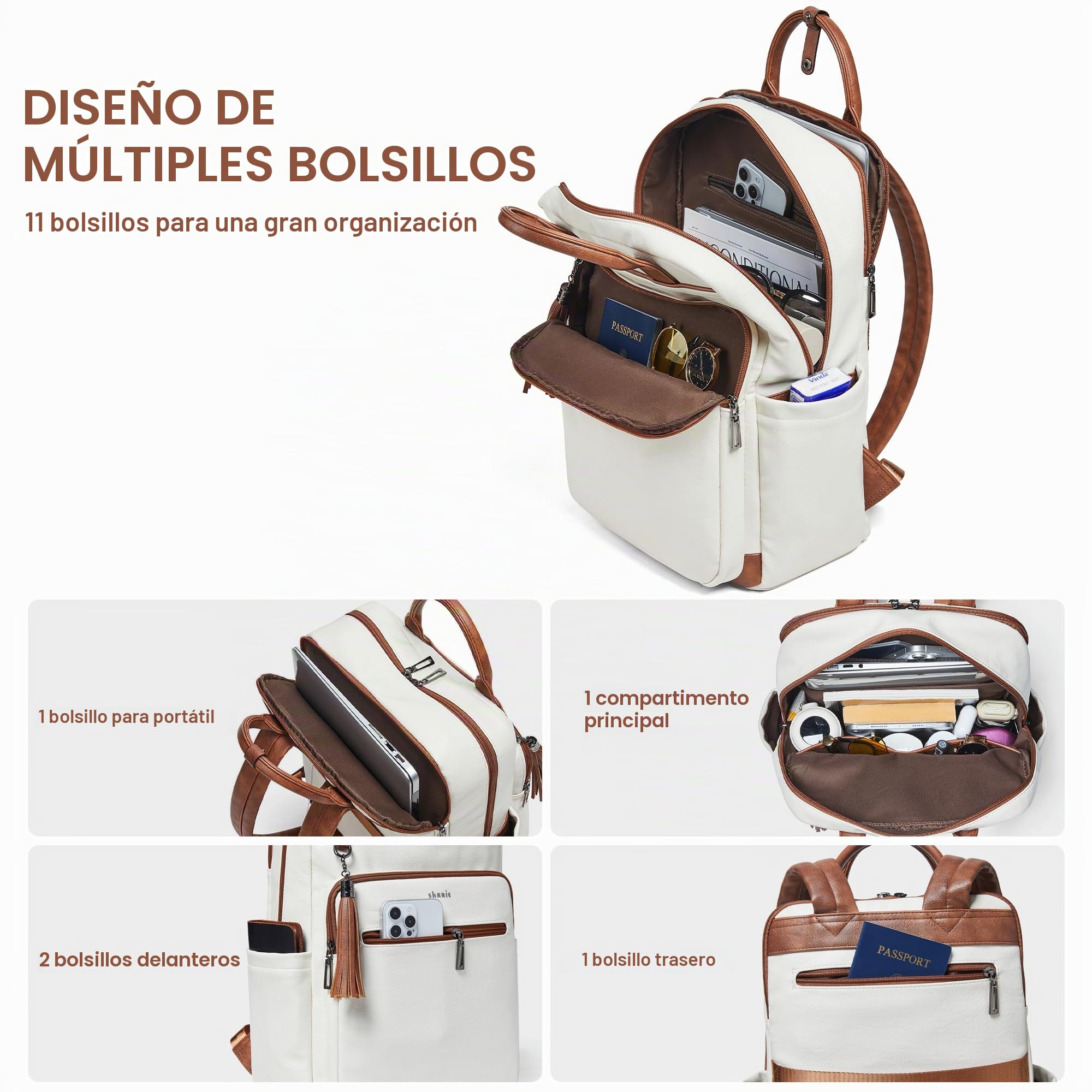 Shrrie Mochila para portátil de 15,6 pulgadas para mujer, mochila de viaje de cuero, mochila de trabajo para computadora de negocios y universidad
