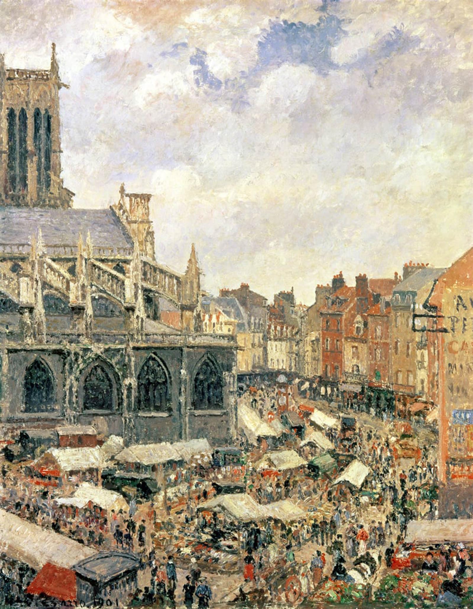 ARTXLXXBN Famous Print Painting Colorful Art Print the Market Surrounding the Church of Saint-jacques Dieppe by Camille Jacob Pissarro Canvas Art Decorations for Home Decor 60x90cm