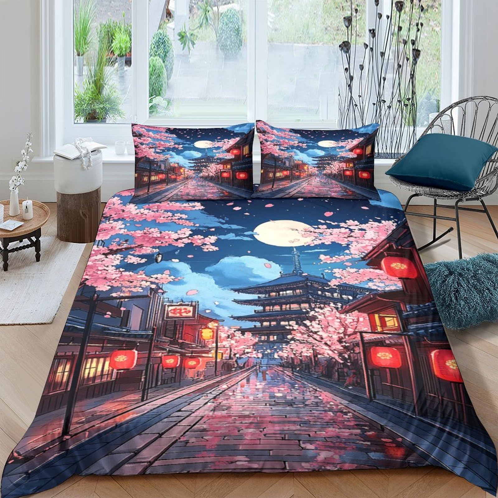 Ctjqhvkz Style-7 3D Printed Japanese Sakura Night Fitted Sheet Microfiber Soft Moon Pagoda Bed Cover For Bedroom Dorm Decor Single（135X200cm）