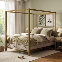 Furniture of America Rosedale Modern Metal Canopy Bed Frame with Four Poster Design and Geometric Accented Headboard and Footboard, Box Spring Required, Full, Gold