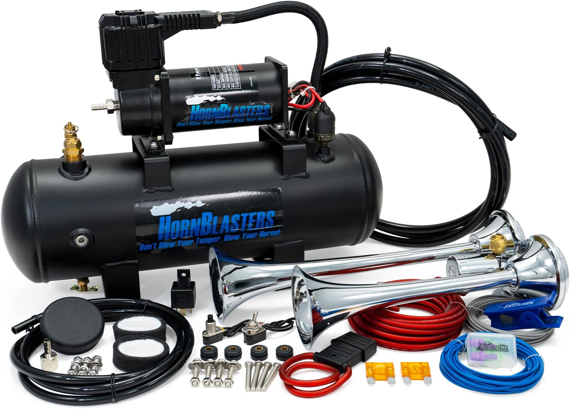 Hornblasters Psychoblaster 228H 2 Gallon All-In-One Air Horn Kit - 2 Chrome Trumpets - Easy Install