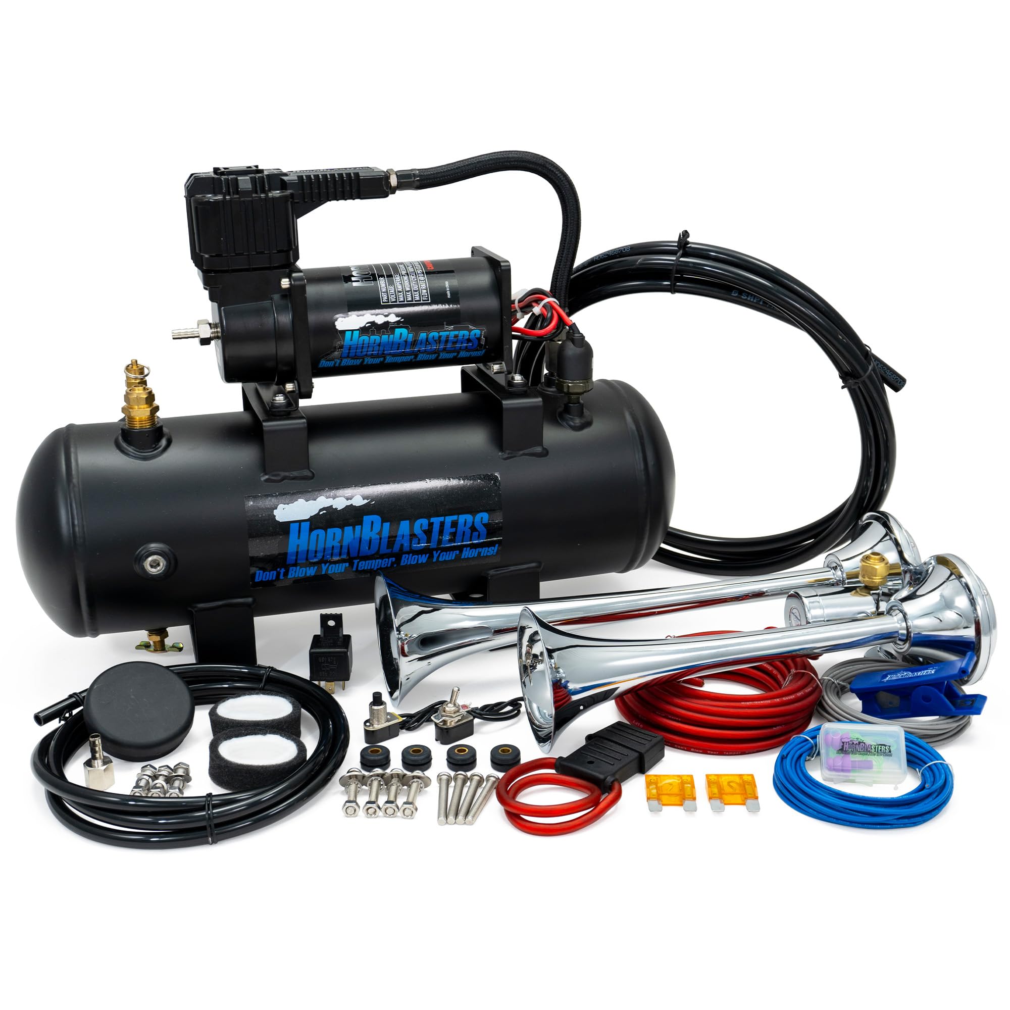 Hornblasters Psychoblaster 228H 2 Gallon All-In-One Air Horn Kit - 2 Chrome Trumpets - Easy Install