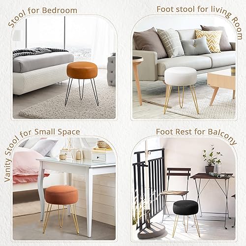Miniatura 4 de LUE BONA Vanity Stool, White Vanity Stools for Makeup Room, Round Ottoman Foot Stool, Velvet Footrest Vanity Chair for Bathroom Vanity, Bedroom,