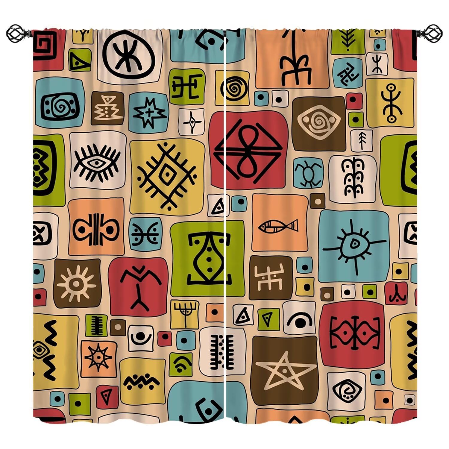 African Tribal Window Curtains, Colorful African Mud Cloth Patterned Window Treatments Vintage Abstract Geometric Ethnic Traditional Elements Curtains for Bedroom Living Room W63xL72in