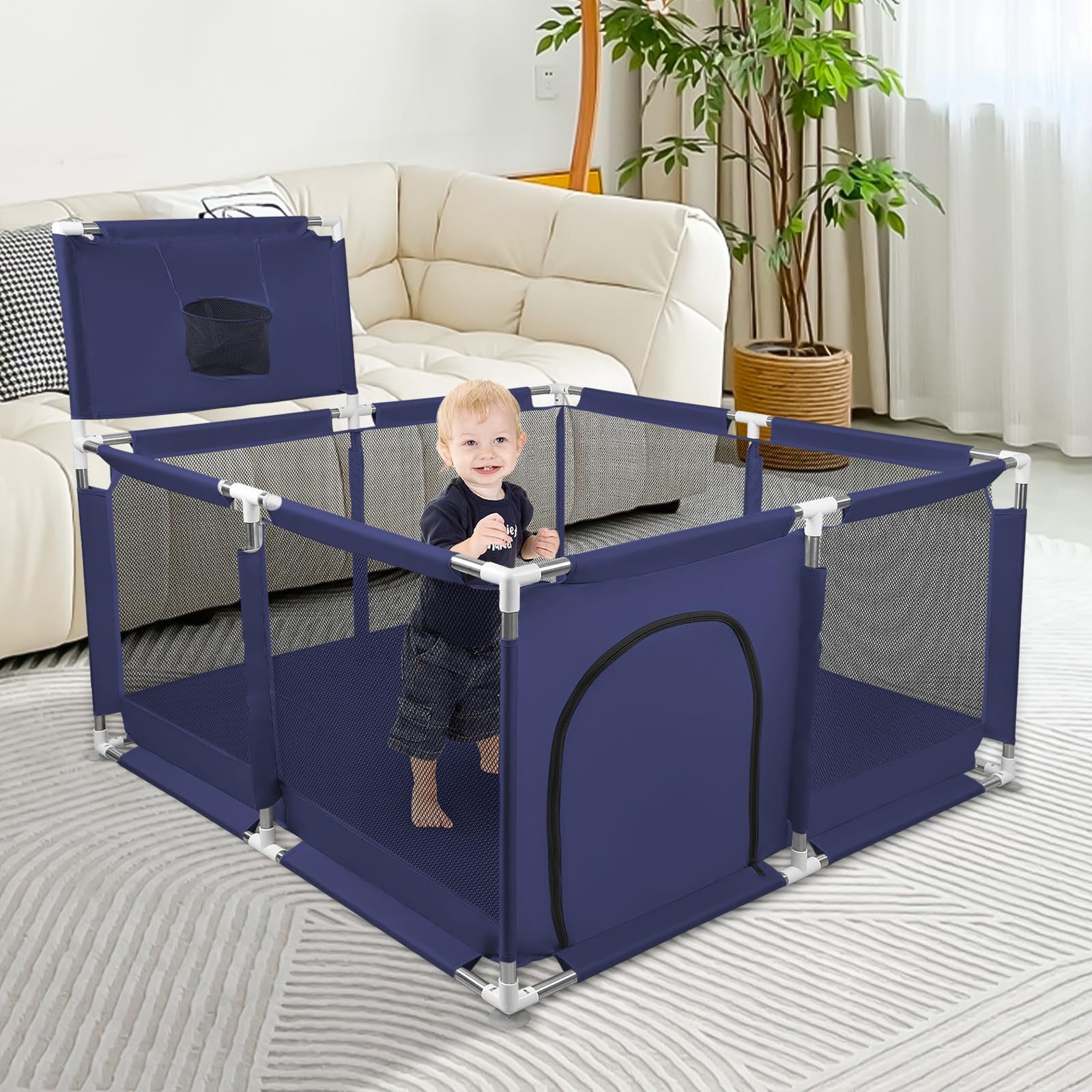 Parc Bébé, Centre d'activités pour Enfants, Modulable, Grand Parc De Jeux avec 50pcs Boules Plastiques, pour la Maison (126x126x66cm, Bleu Marine)