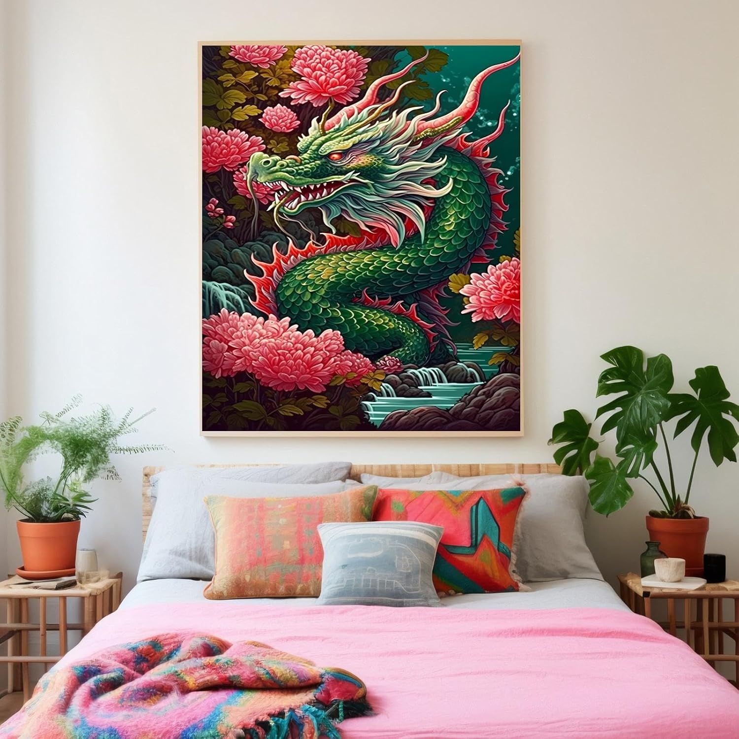 POEOIEX Red Flower Dragon Diamond Painting Kits for Beginners 5D Full Round Diamond Painting Art, Canvas HD Picture DIY Diamond Dot Painting, Home Wall Decor Gift 20x30 Inch