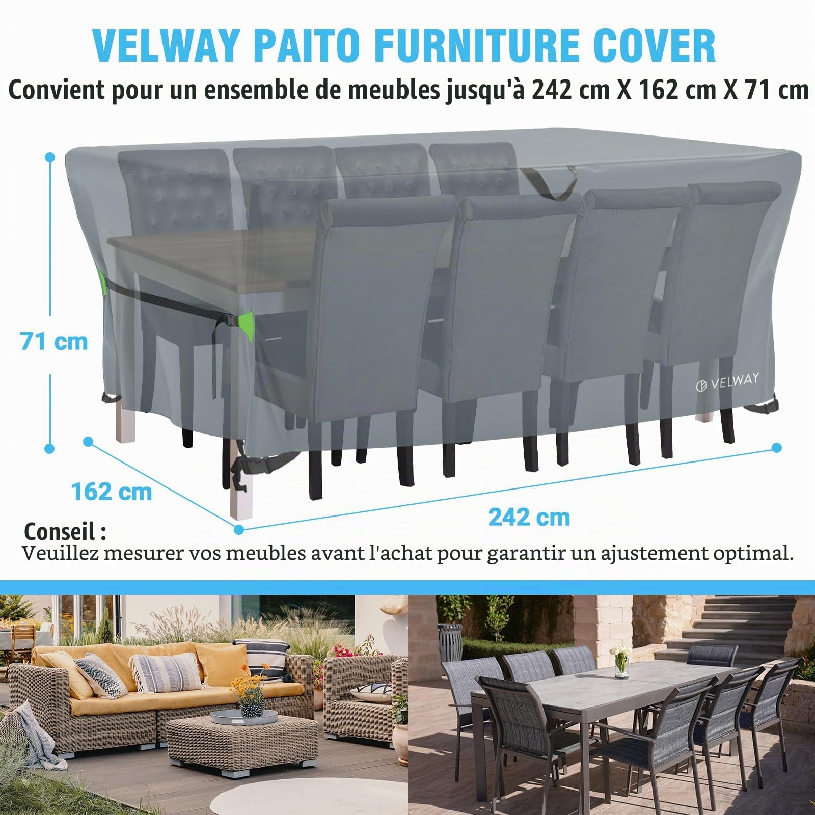 Velway Housse Salon de Jardin Imperméable - 242x162x71cm Housse Table de Jardin avec Boucles Coupe-Vent Protection pour Tous Les Temps pour Table et Chaise d'extérieur - Gris
