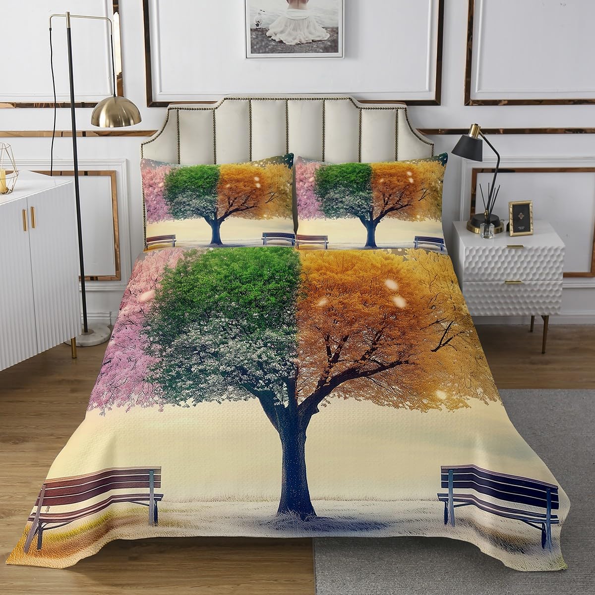 Feelyou Tree of Life Bedspread Retro Tree of Life Bedspread for Kids Boys Girls Nature Landscape Coverlet Set Abstract Art Quilted Bedroom Collection 3Pcs Queen Size